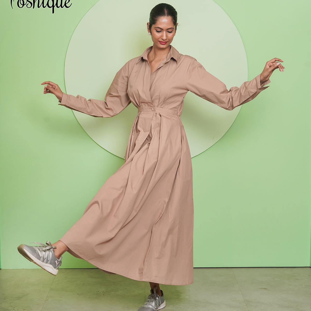 Poshique Beige Collared Maxi Shirt Dress
