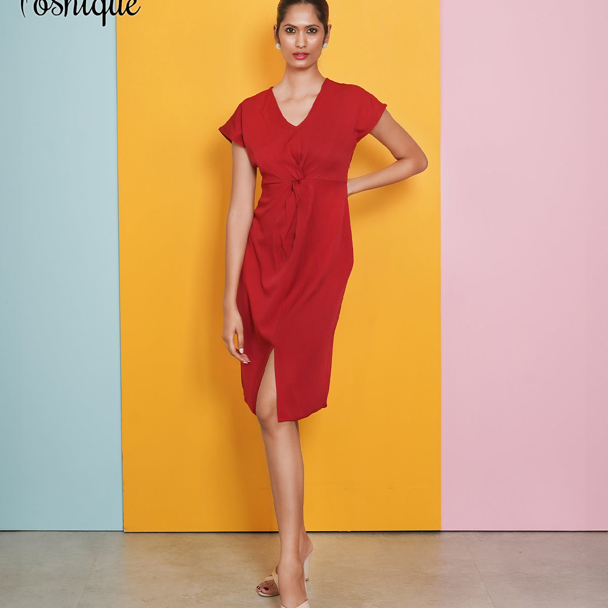 Poshique Red Knot Detail Midi Dress