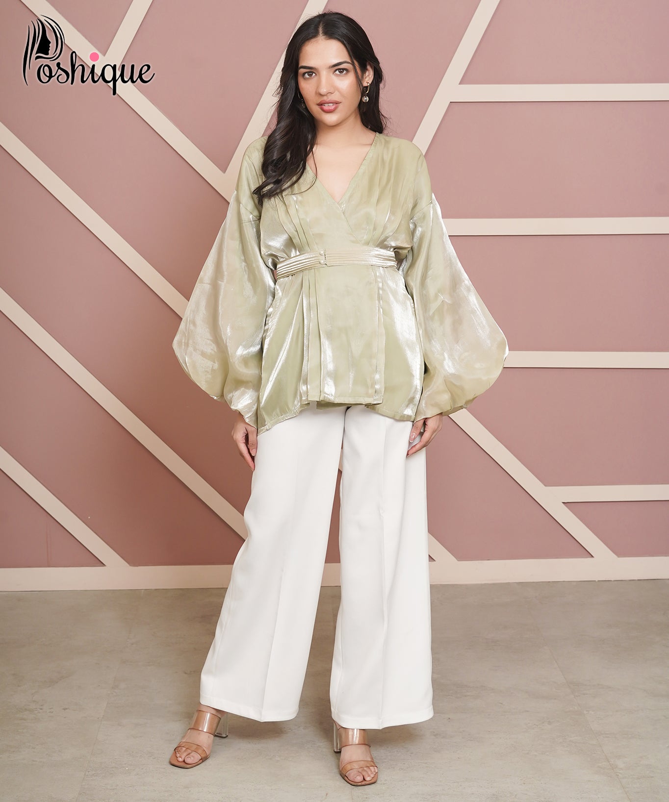 Poshique Metallic Sheen Wrap Top & White Straight-Leg Trouser Set