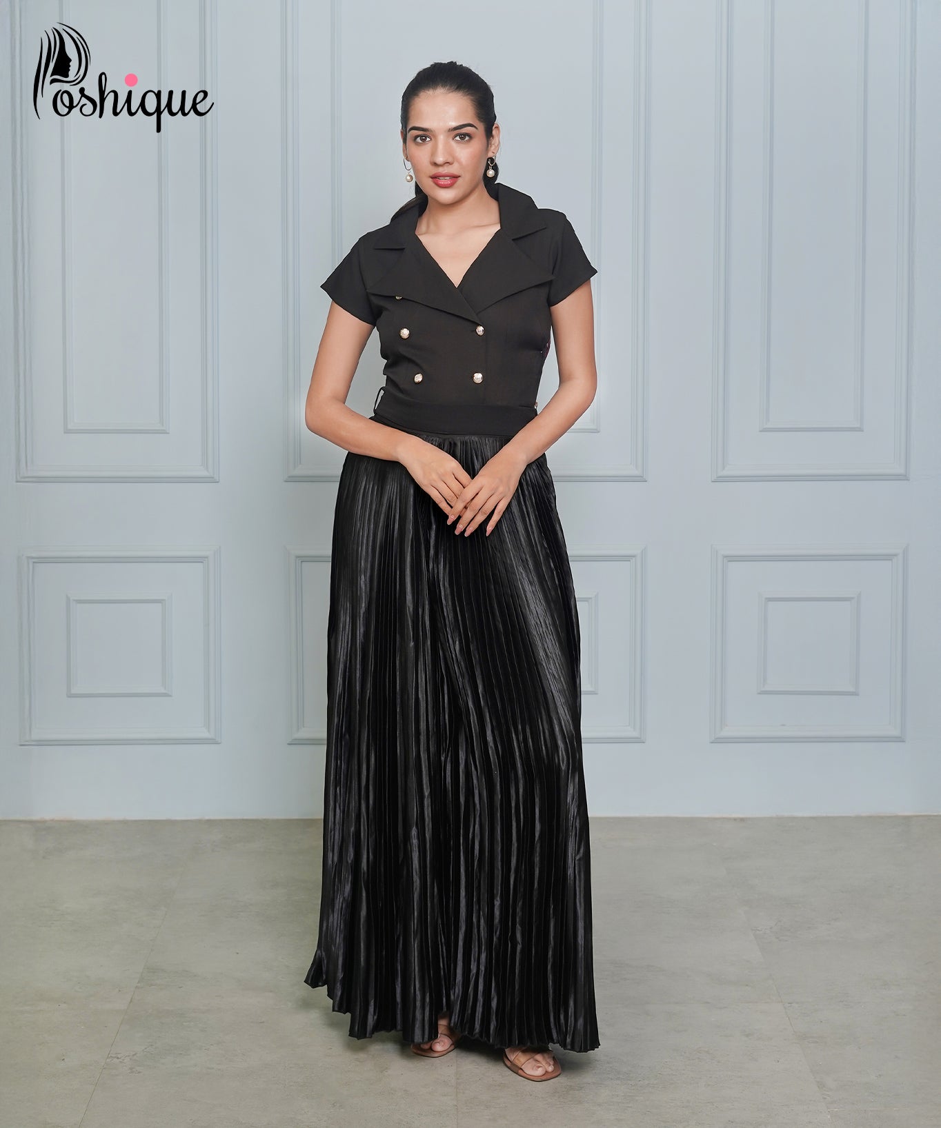 Poshique Black Double-Breasted Pleated Jumpsuit