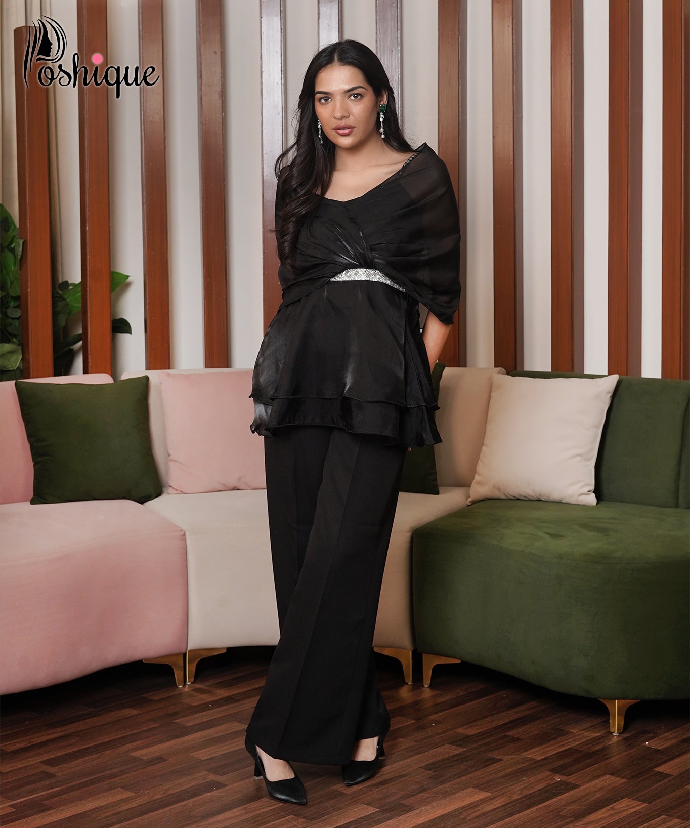 Poshique Black Sheer Layered Top & High-Waisted Straight-Leg Trouser Set