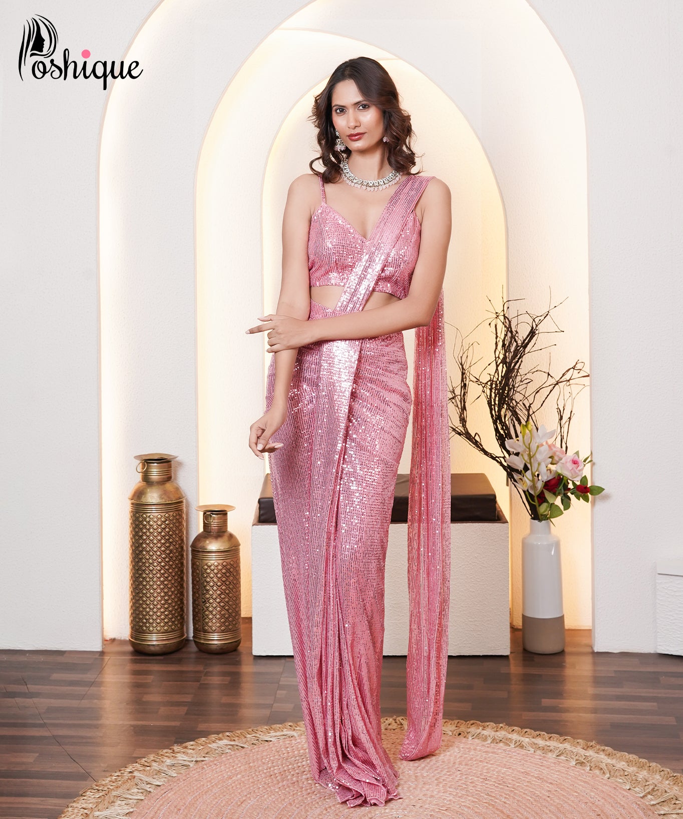 Pink Sequin Draped Saree Set