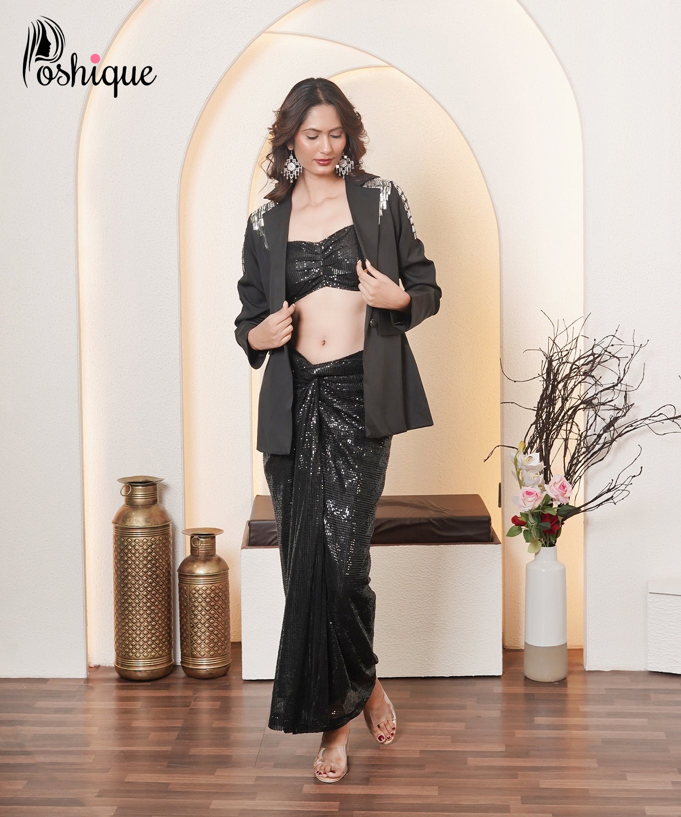 Black Embellished Blazer, Sequin Draped Skirt Set