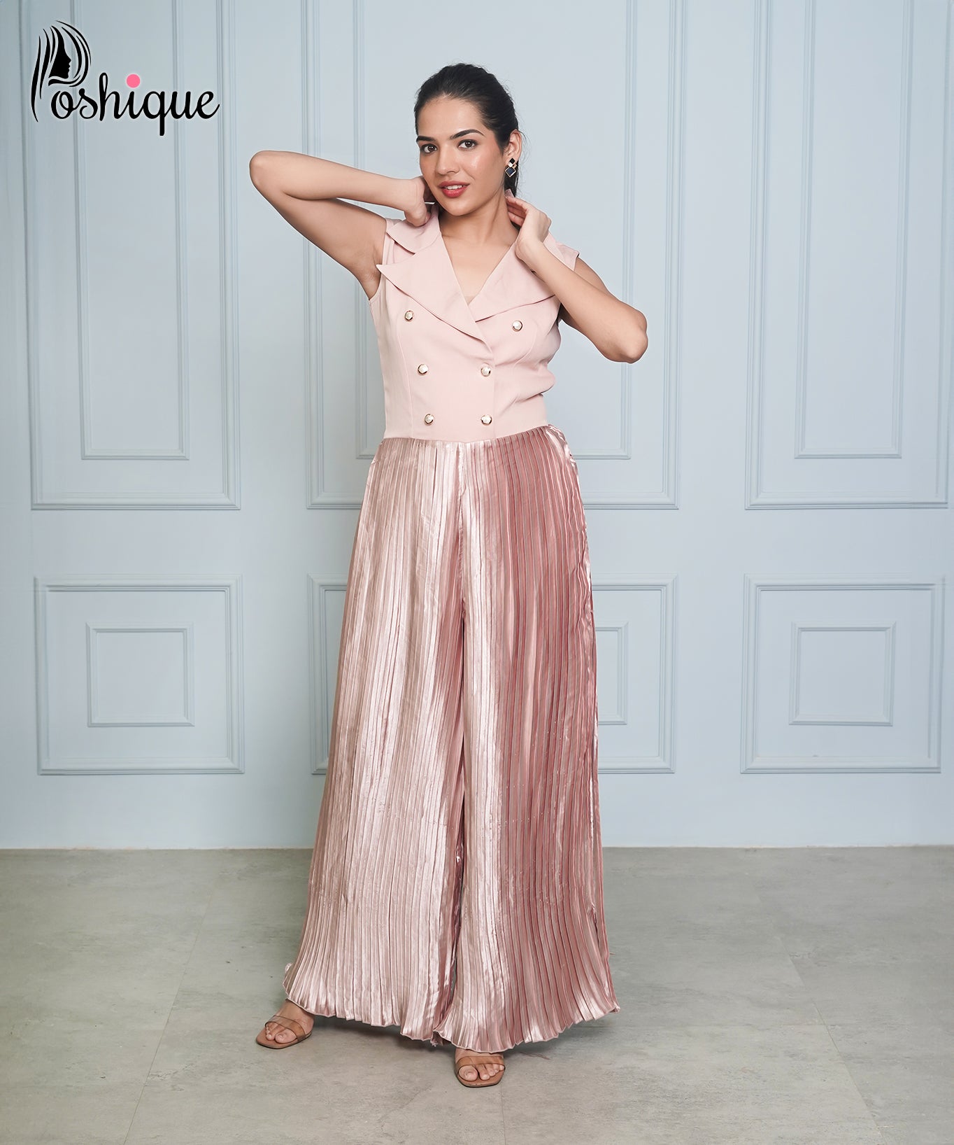 Poshique Blush Pink Pleated Jumpsuit