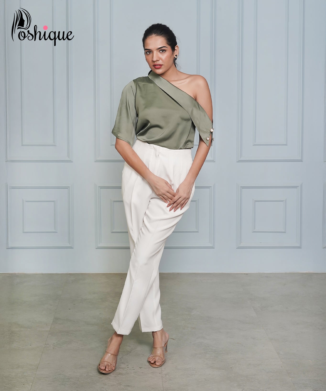 Poshique Sage Green Satin One-Shoulder Top
