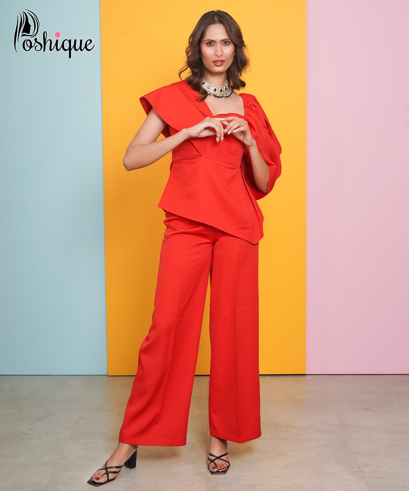 Poshique Red High-Waisted Straight-Leg Trousers