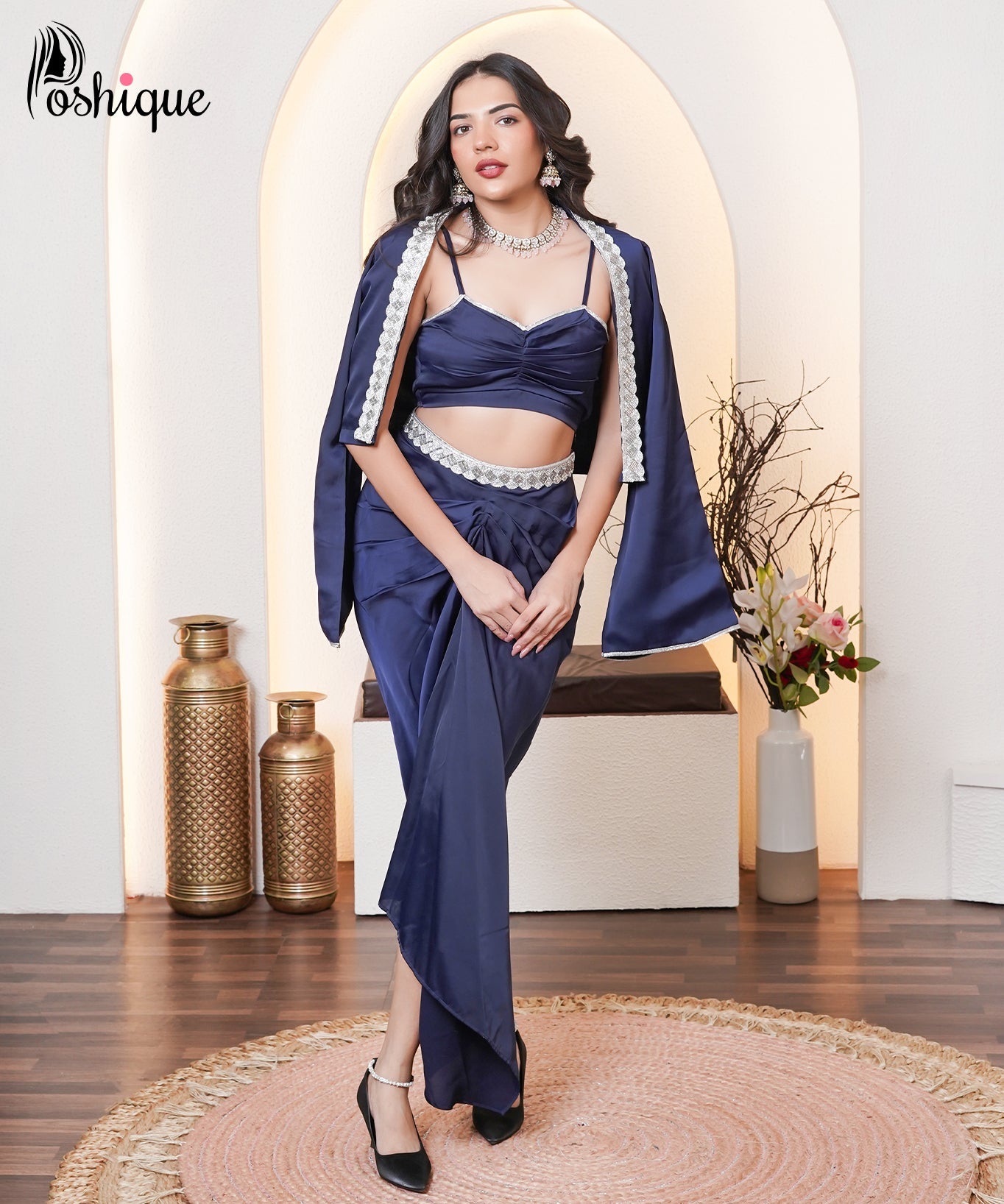 Midnight Blue Embellished Blazer & Draped Skirt Set