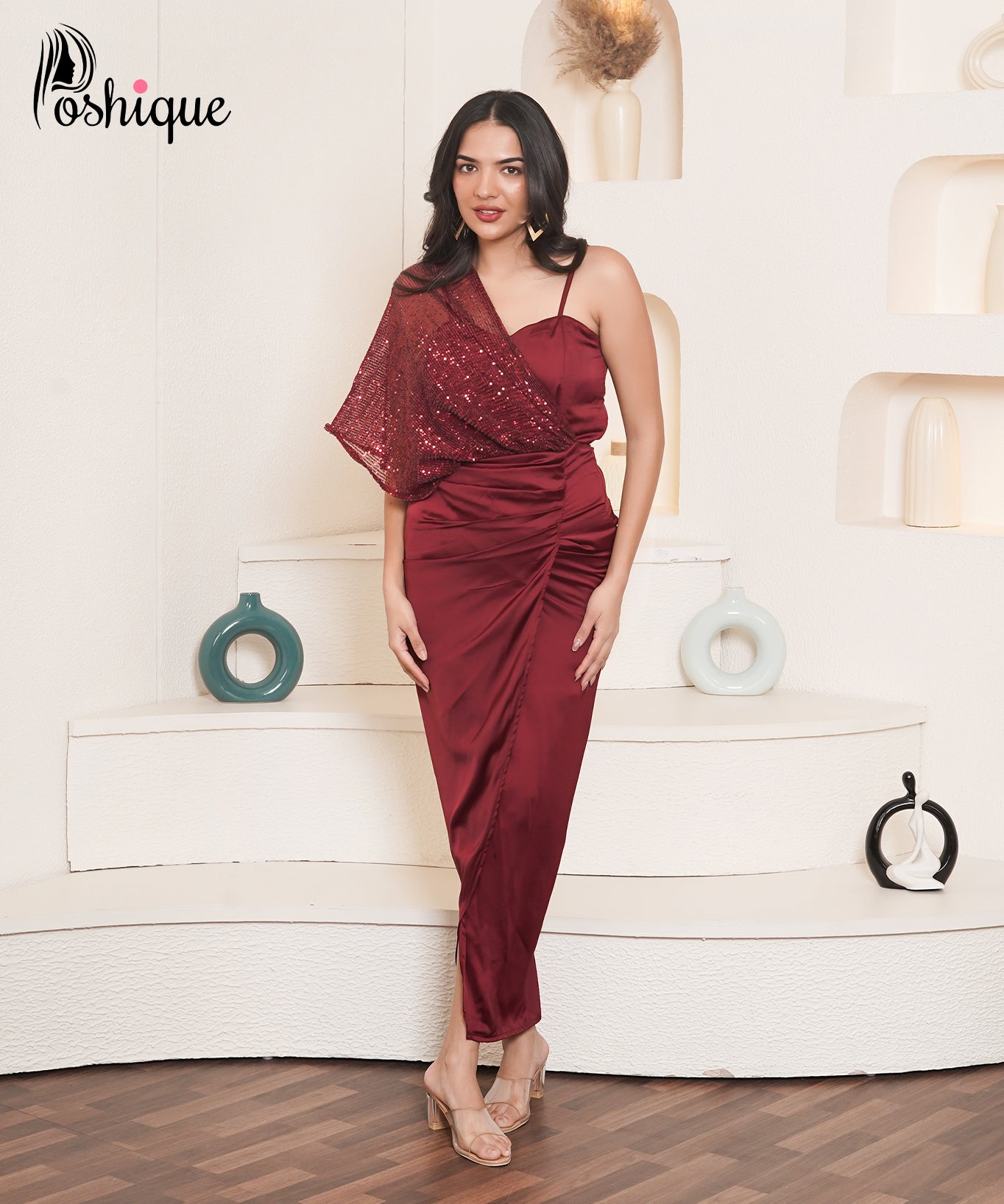 Poshique Wine Red Sequined Drape Gown