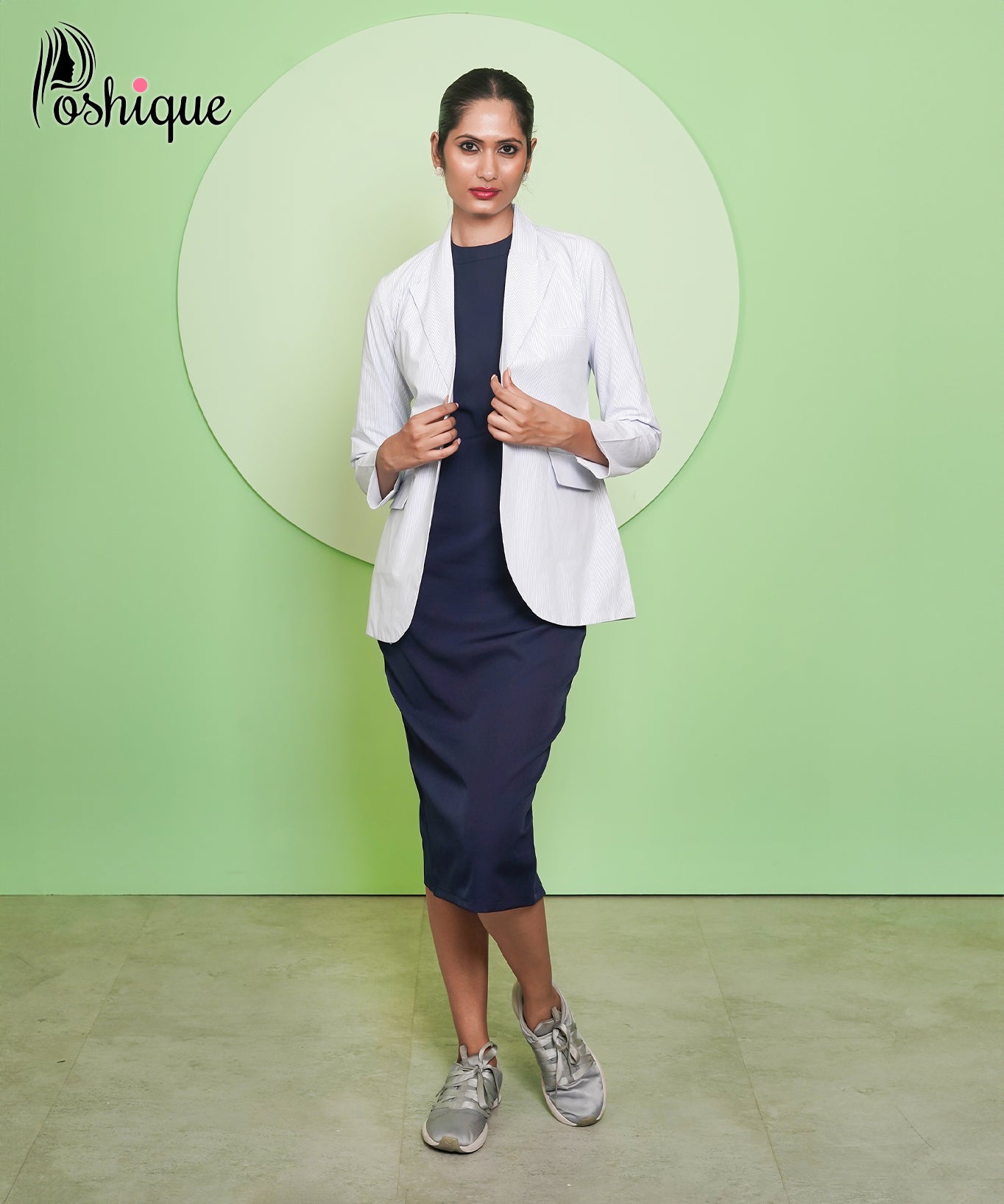 Poshique Striped Tailored Blazer & Navy Midi Dress Set