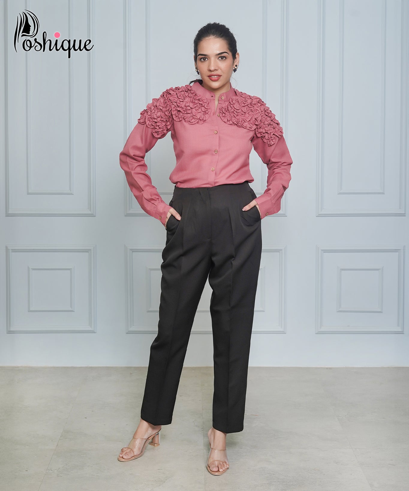 Poshique Rose Ruffled Shirt & Black Tapered Trousers Set