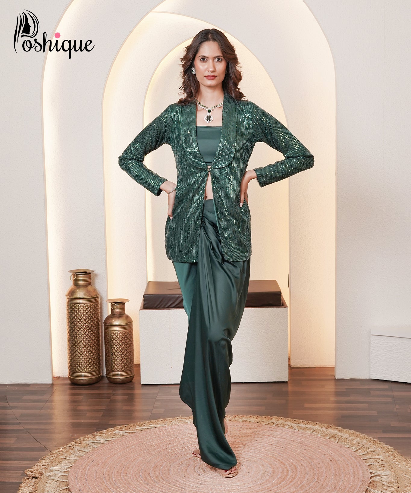 Emerald Green Sequin Blazer, Bralette & Draped Skirt Set