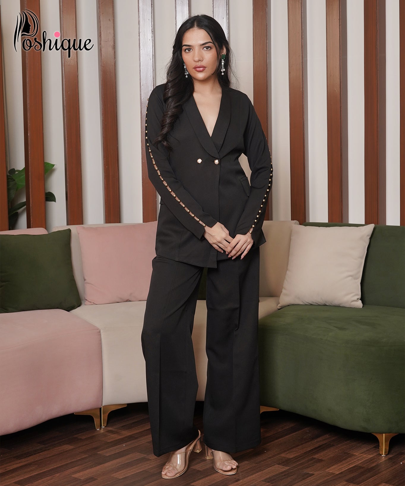 Black Studded Sleeve Blazer & Trouser Set