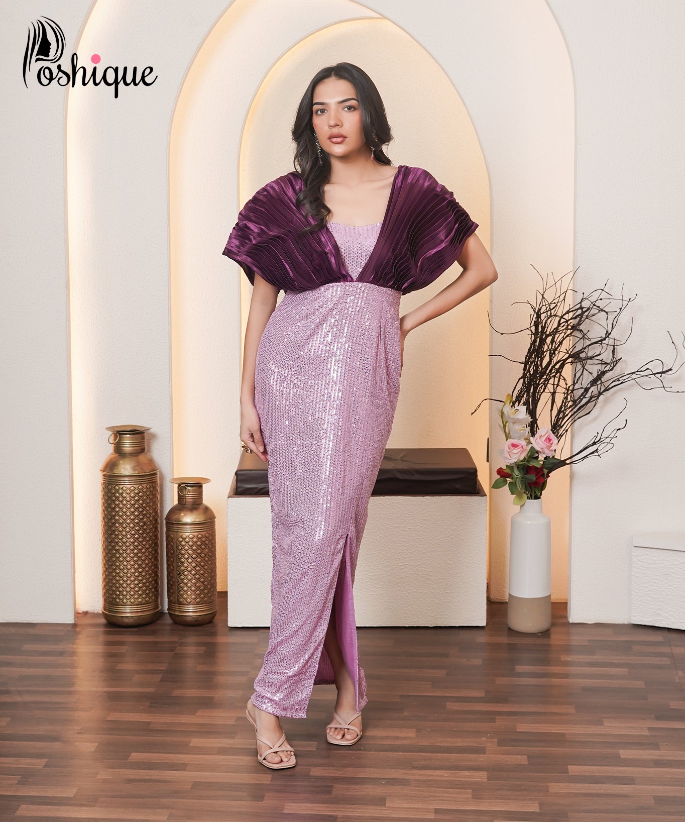 Poshique Plum and Lilac Sequin Drape Gown