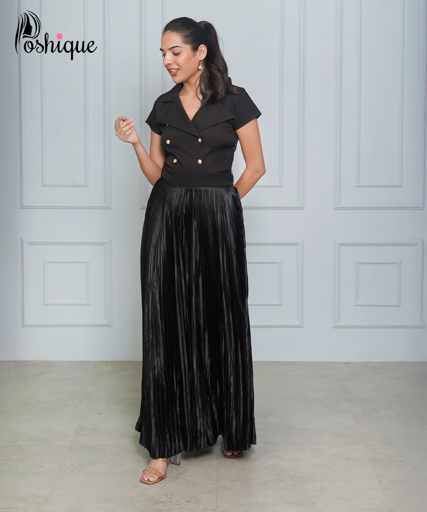 Poshique Black Double-Breasted Pleated Jumpsuit