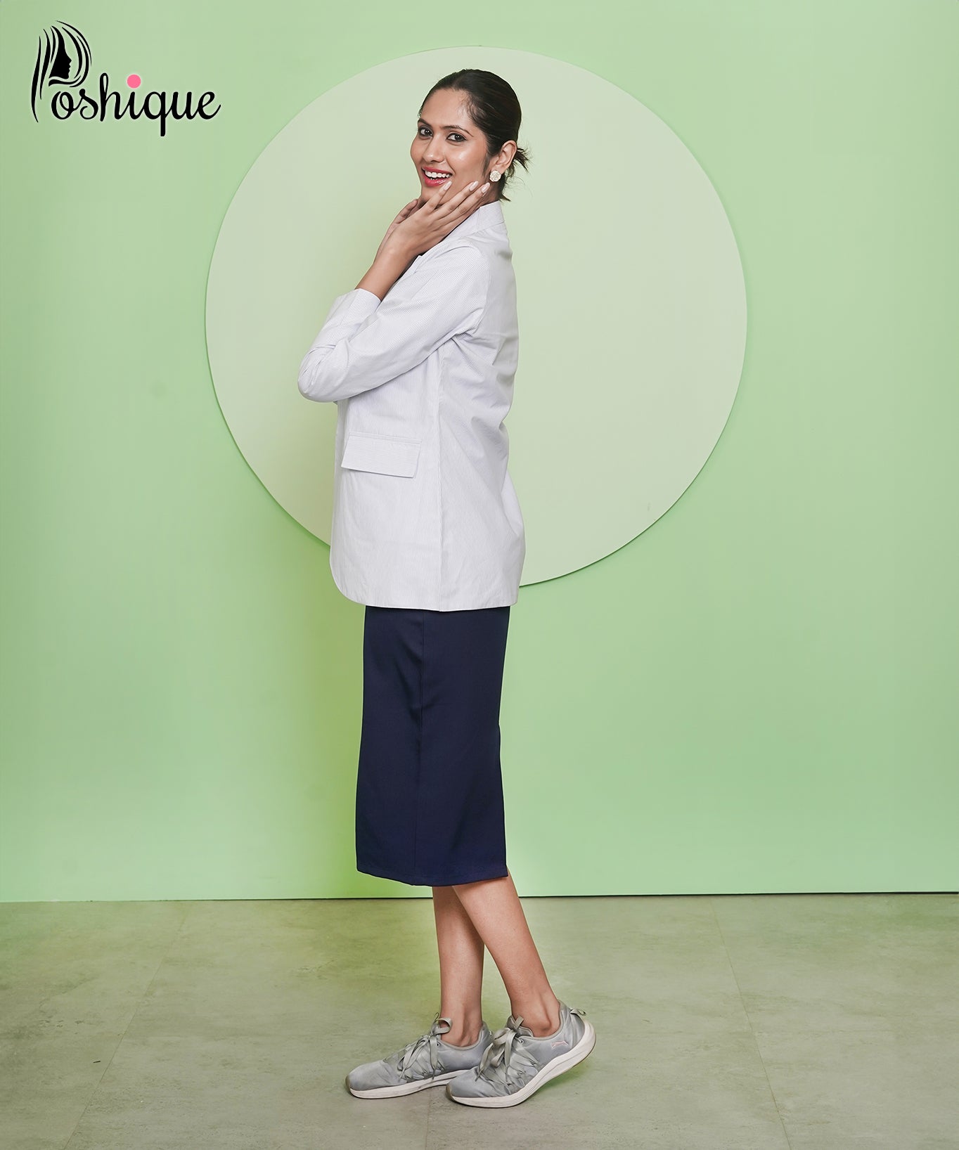 Poshique Striped Tailored Blazer & Navy Midi Dress Set