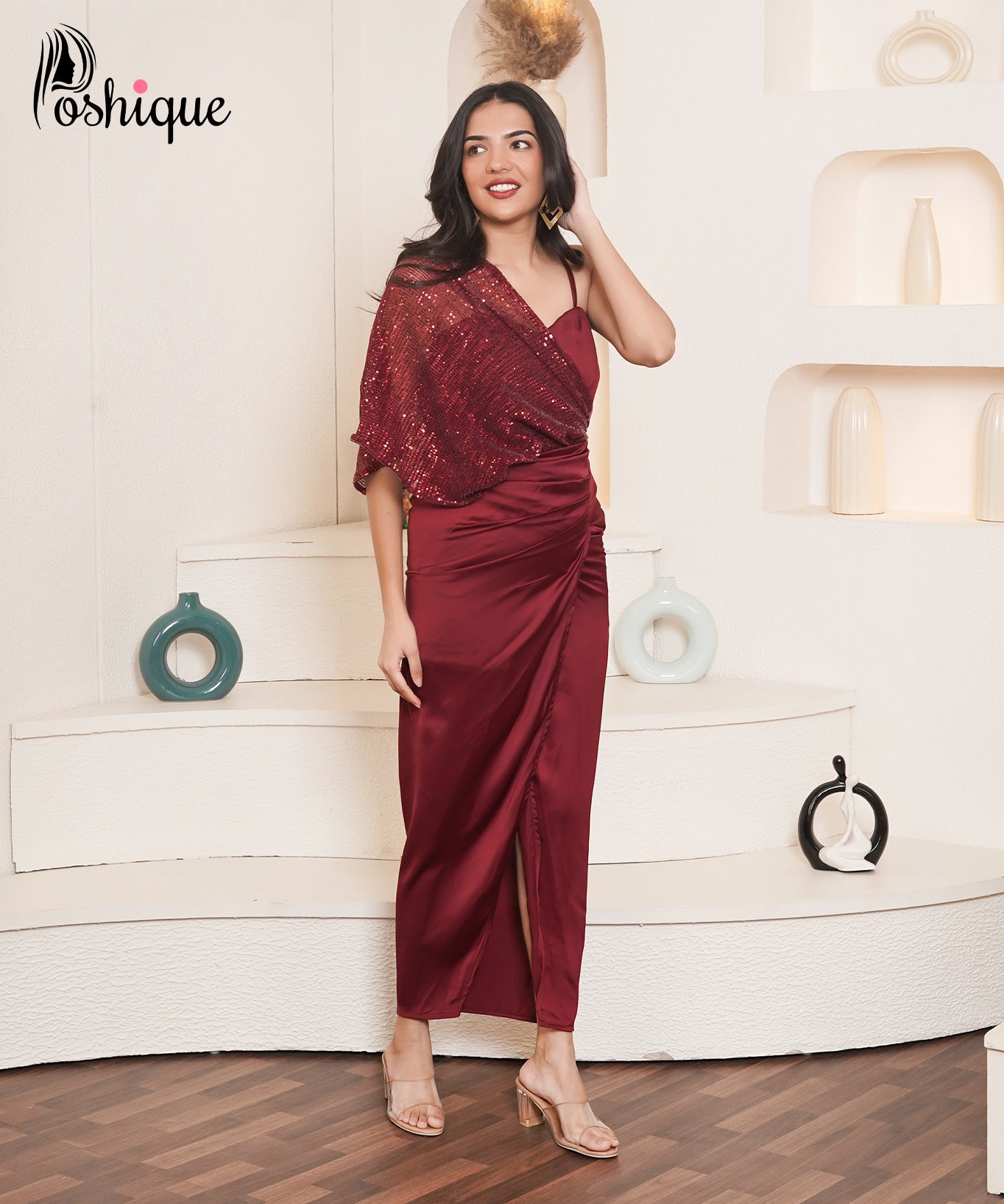 Poshique Wine Red Sequined Drape Gown