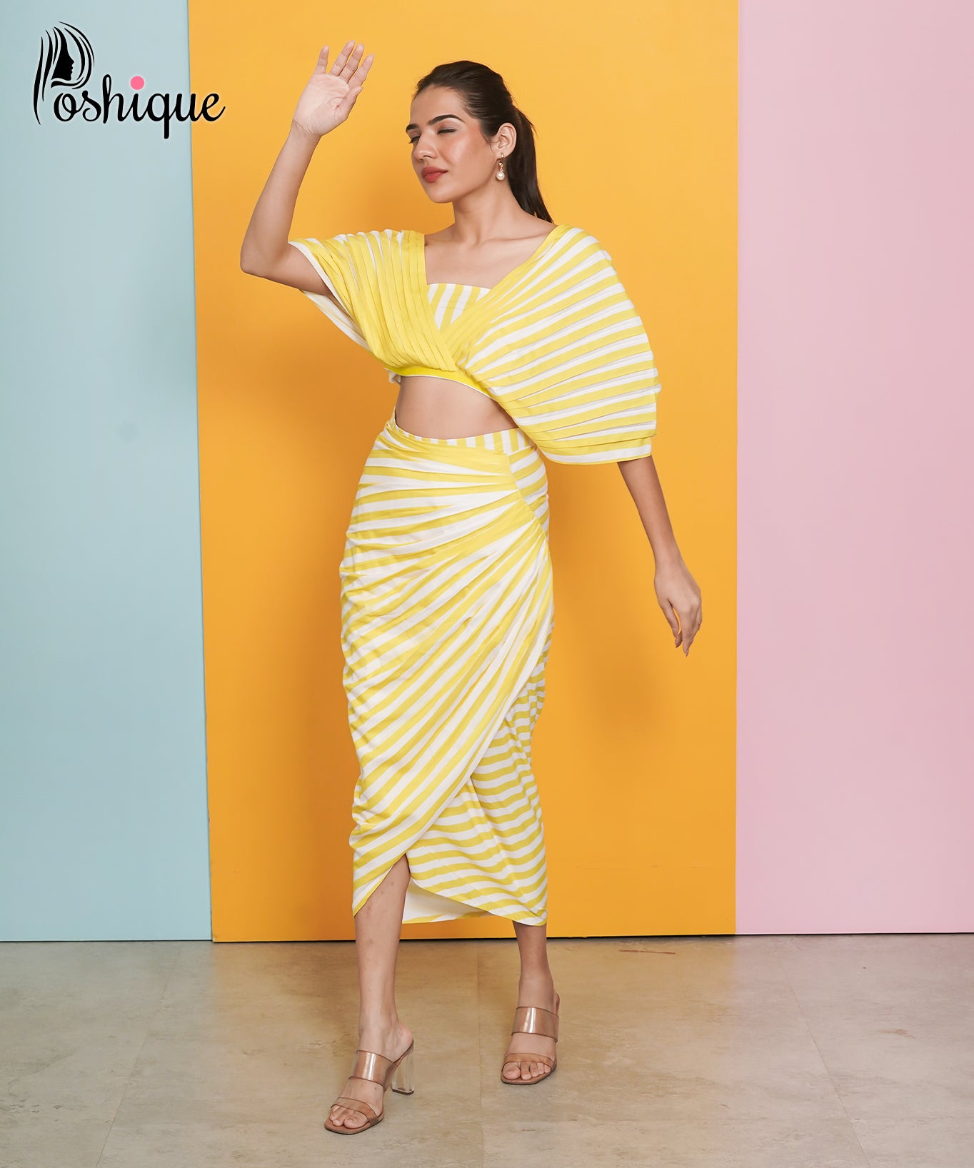Yellow & White Striped Draped Midi Skirt