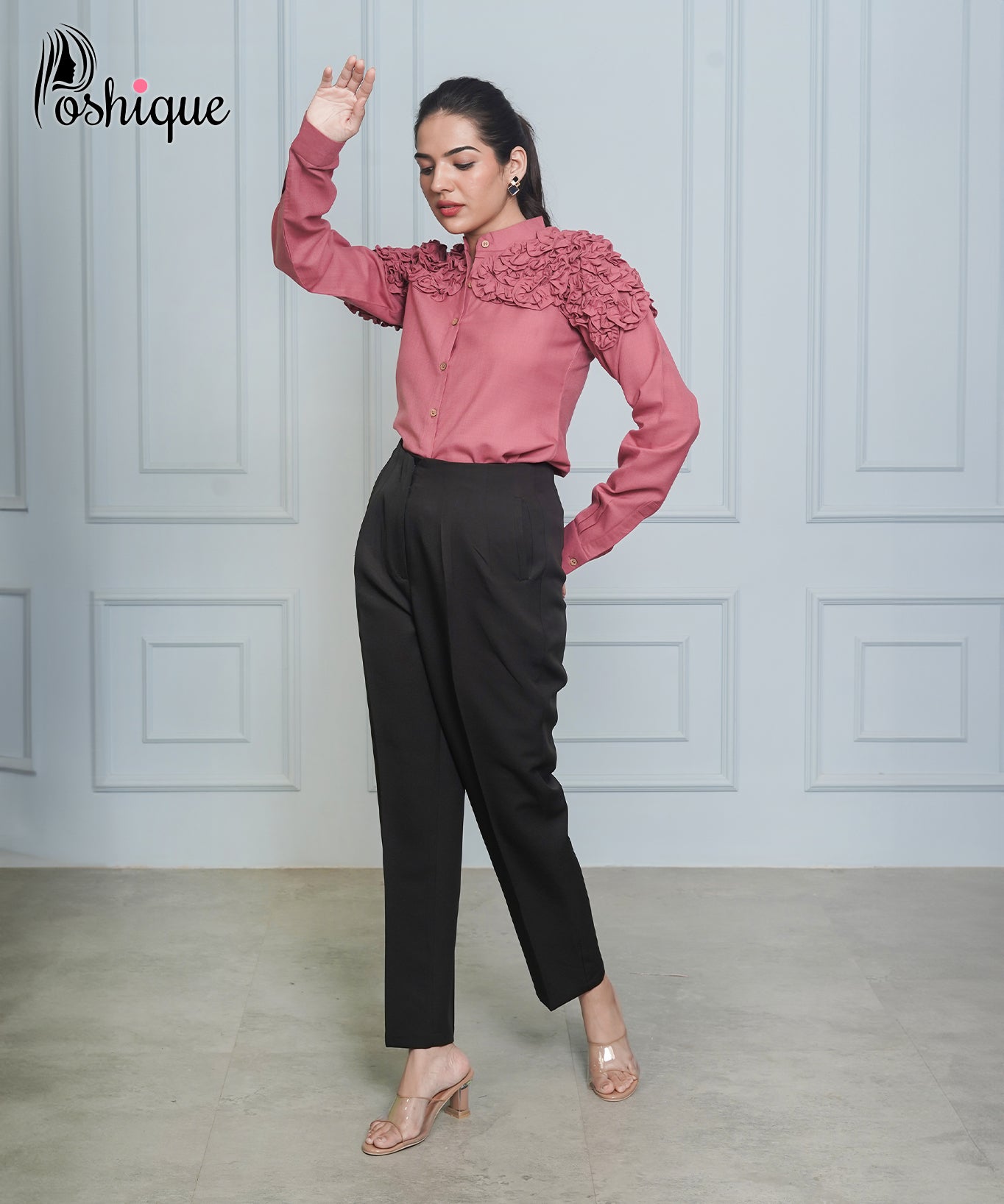 Poshique Rose Ruffled Shirt & Black Tapered Trousers Set