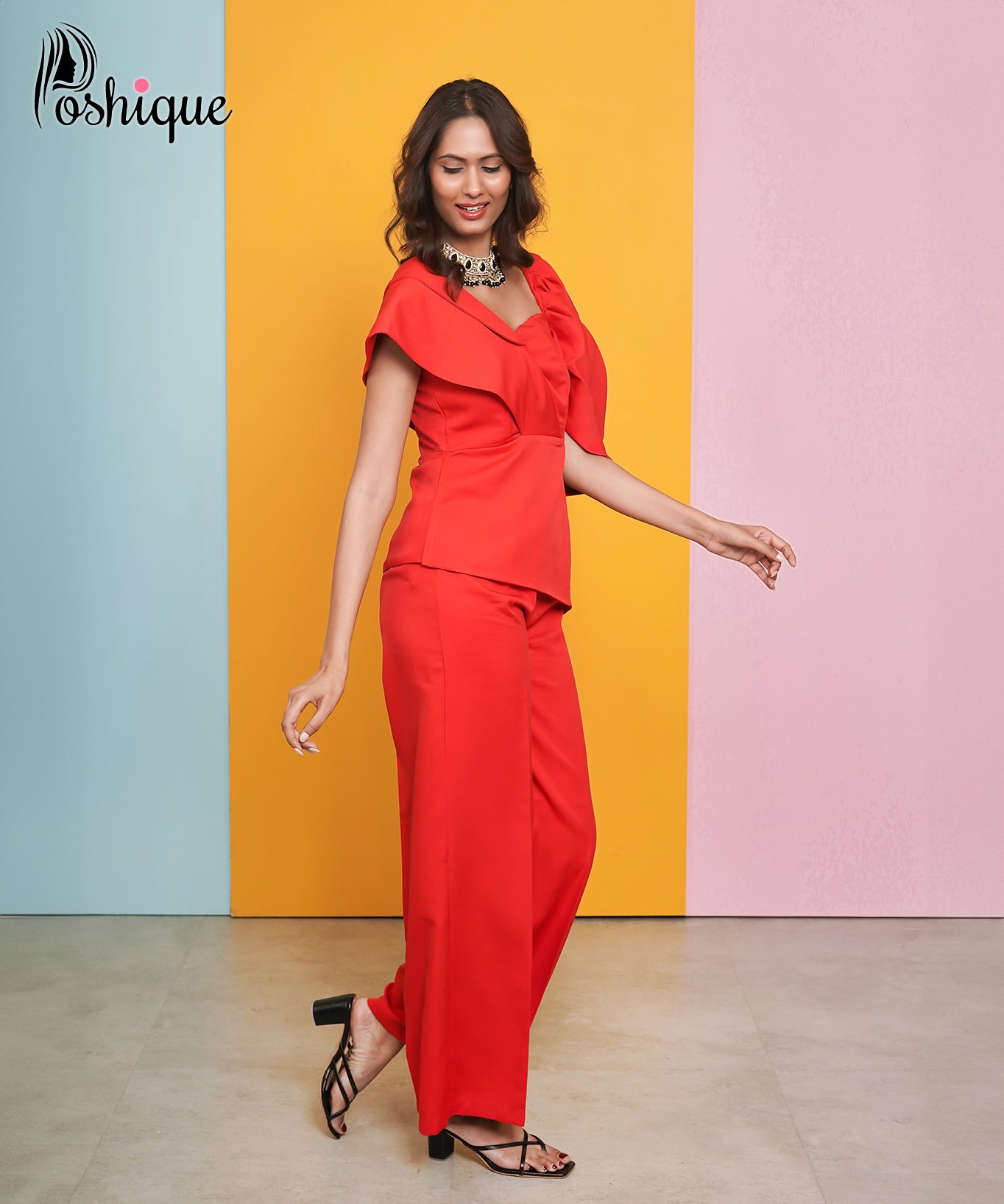 Poshique Red High-Waisted Straight-Leg Trousers