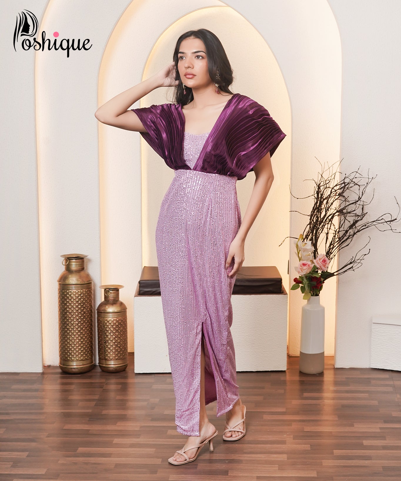 Poshique Plum and Lilac Sequin Drape Gown