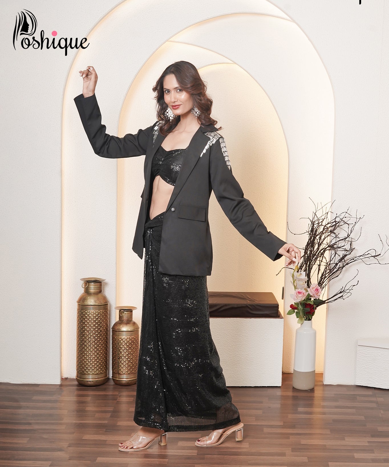 Black Embellished Blazer, Sequin Draped Skirt Set