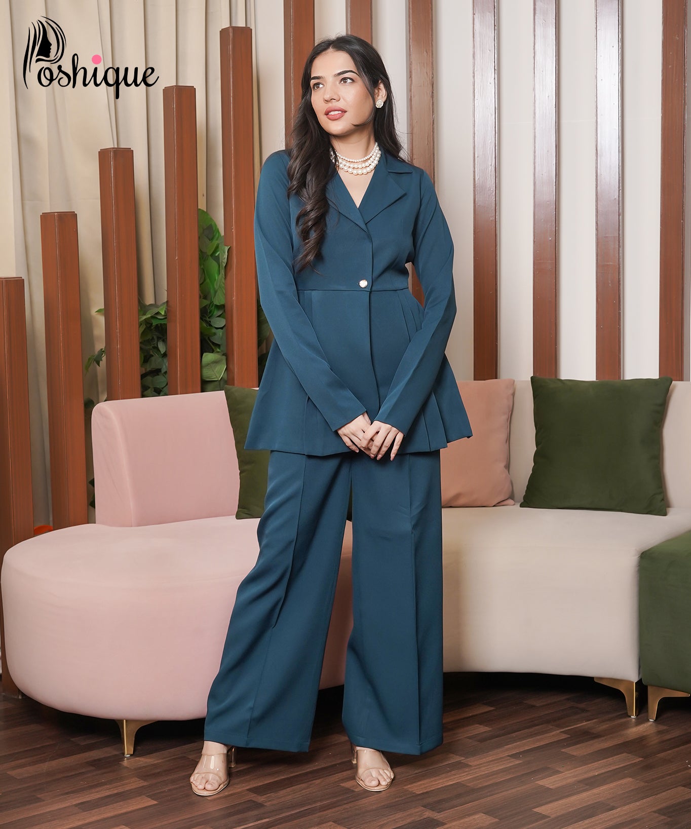 Teal Asymmetric Blazer & Wide-Leg Pant Set