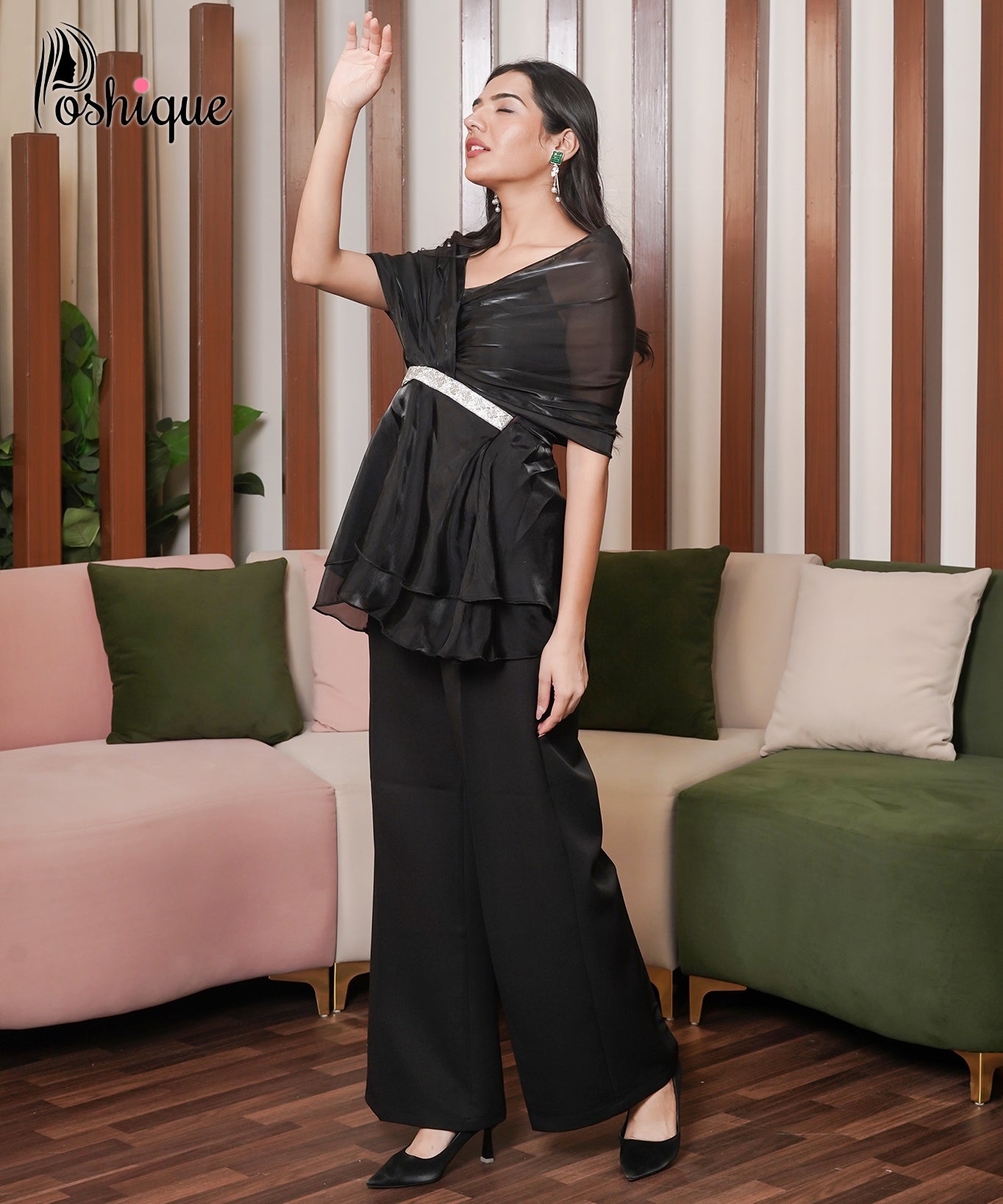 Poshique Black Sheer Layered Top & High-Waisted Straight-Leg Trouser Set