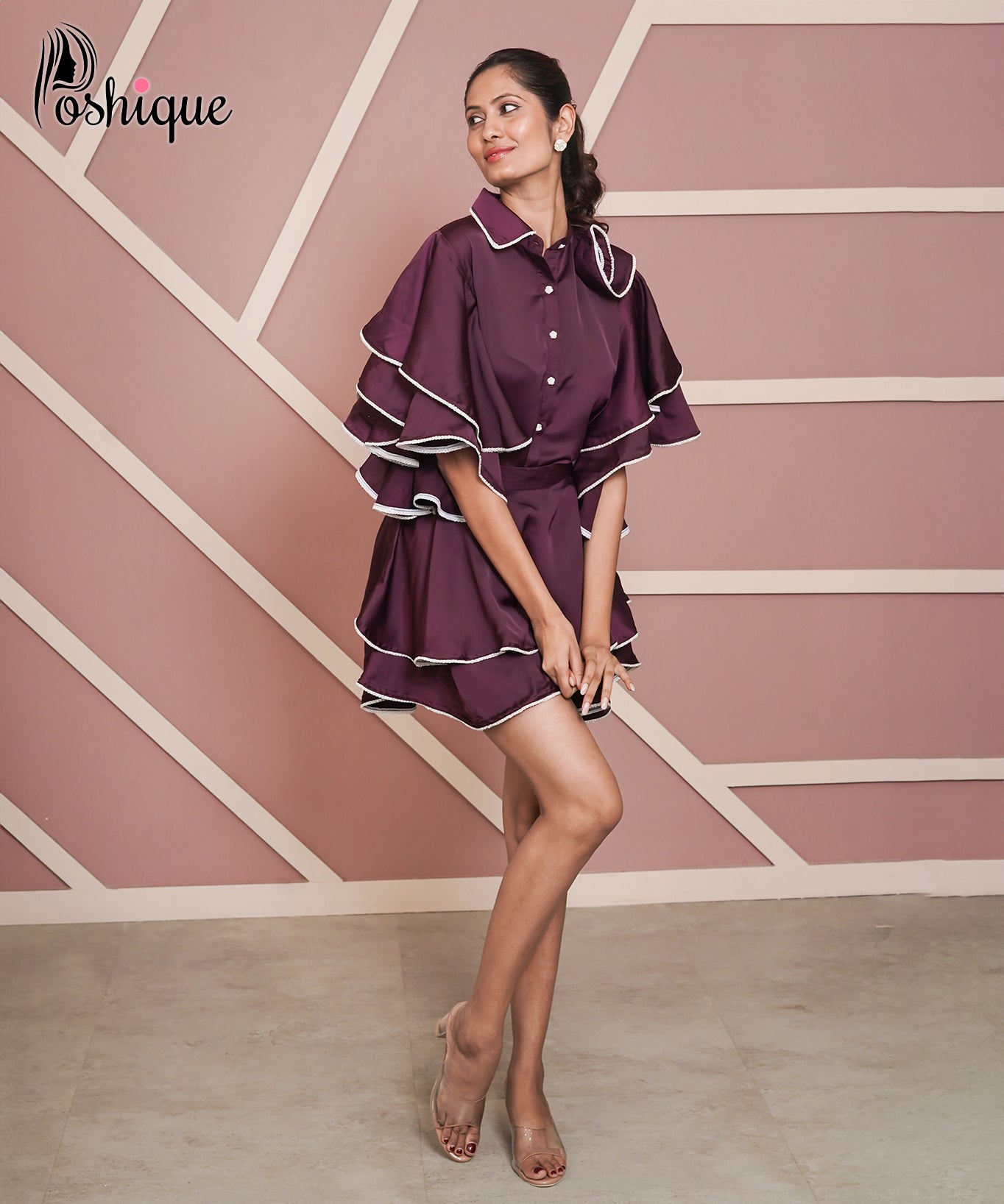 Poshique Wine Satin Layered Ruffle Skirt