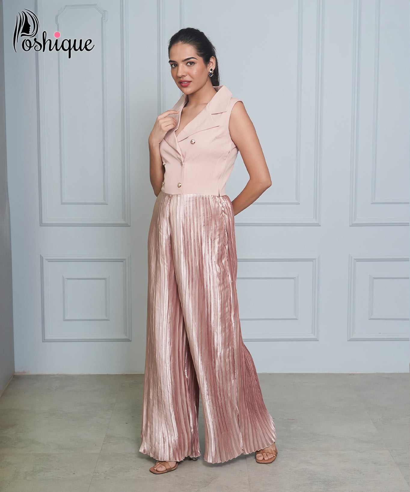 Poshique Blush Pink Pleated Jumpsuit