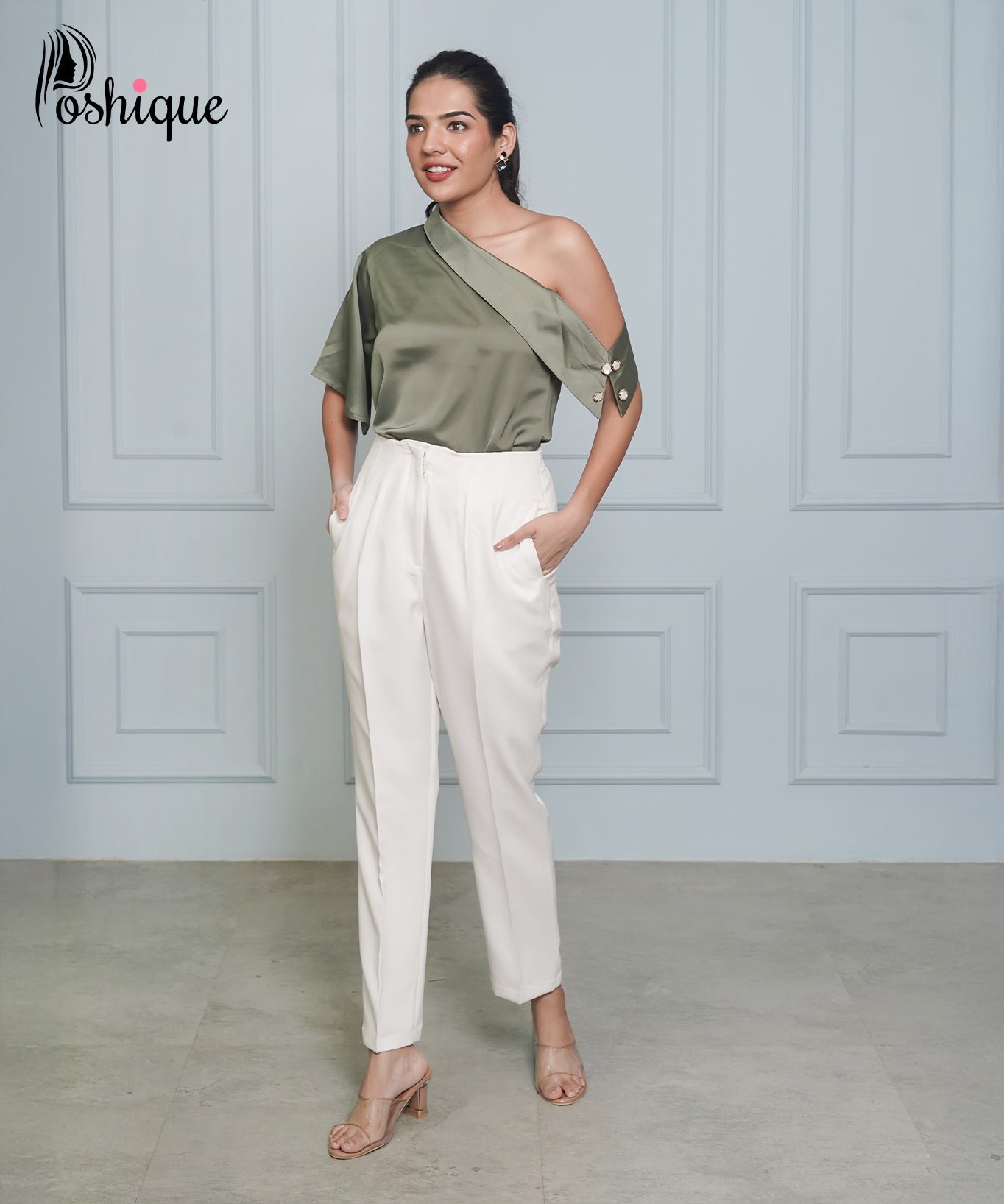 Chic Olive One-Shoulder Shirt and Trouser Set