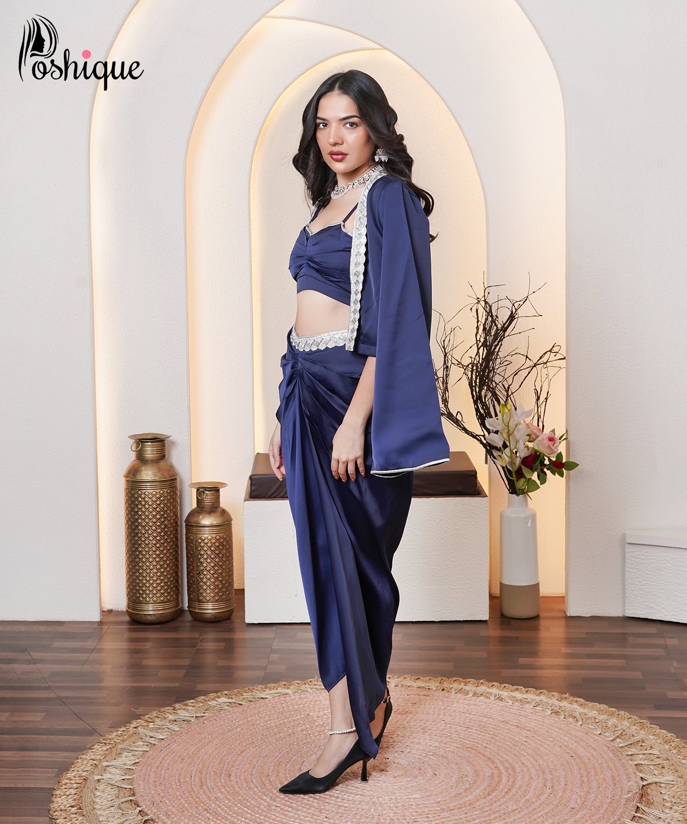 Midnight Blue Embellished Blazer & Draped Skirt Set
