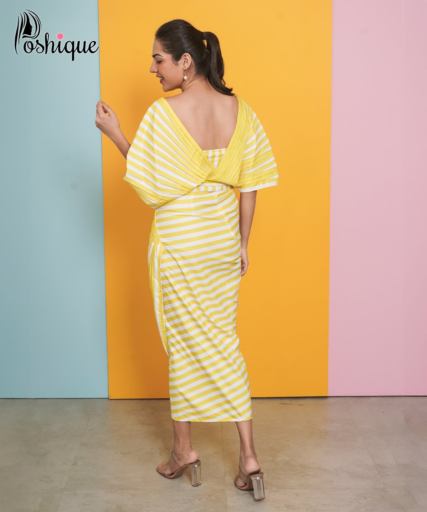 Yellow & White Striped Draped Midi Skirt