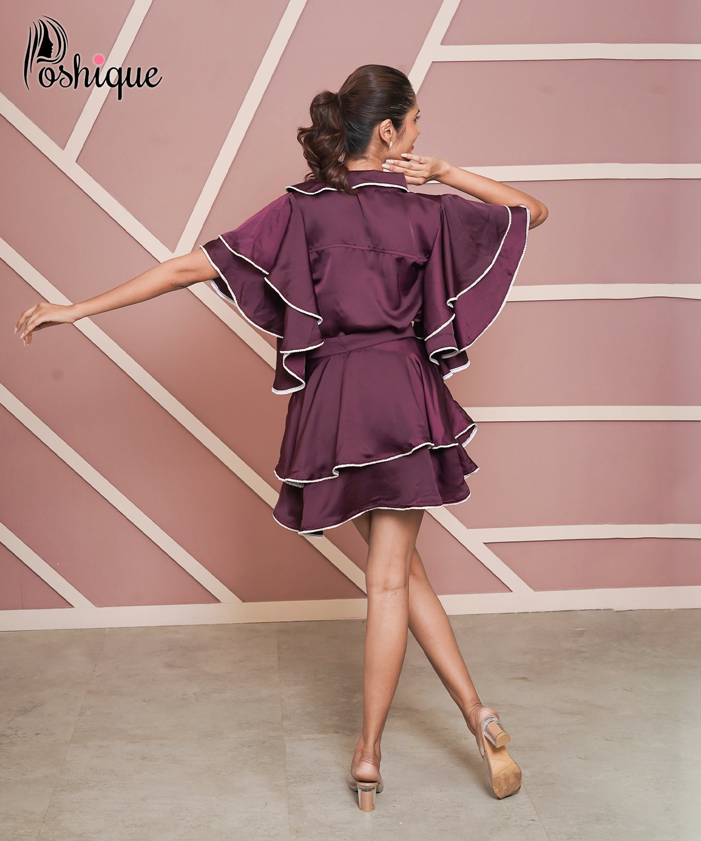 Poshique Wine Satin Layered Ruffle Skirt