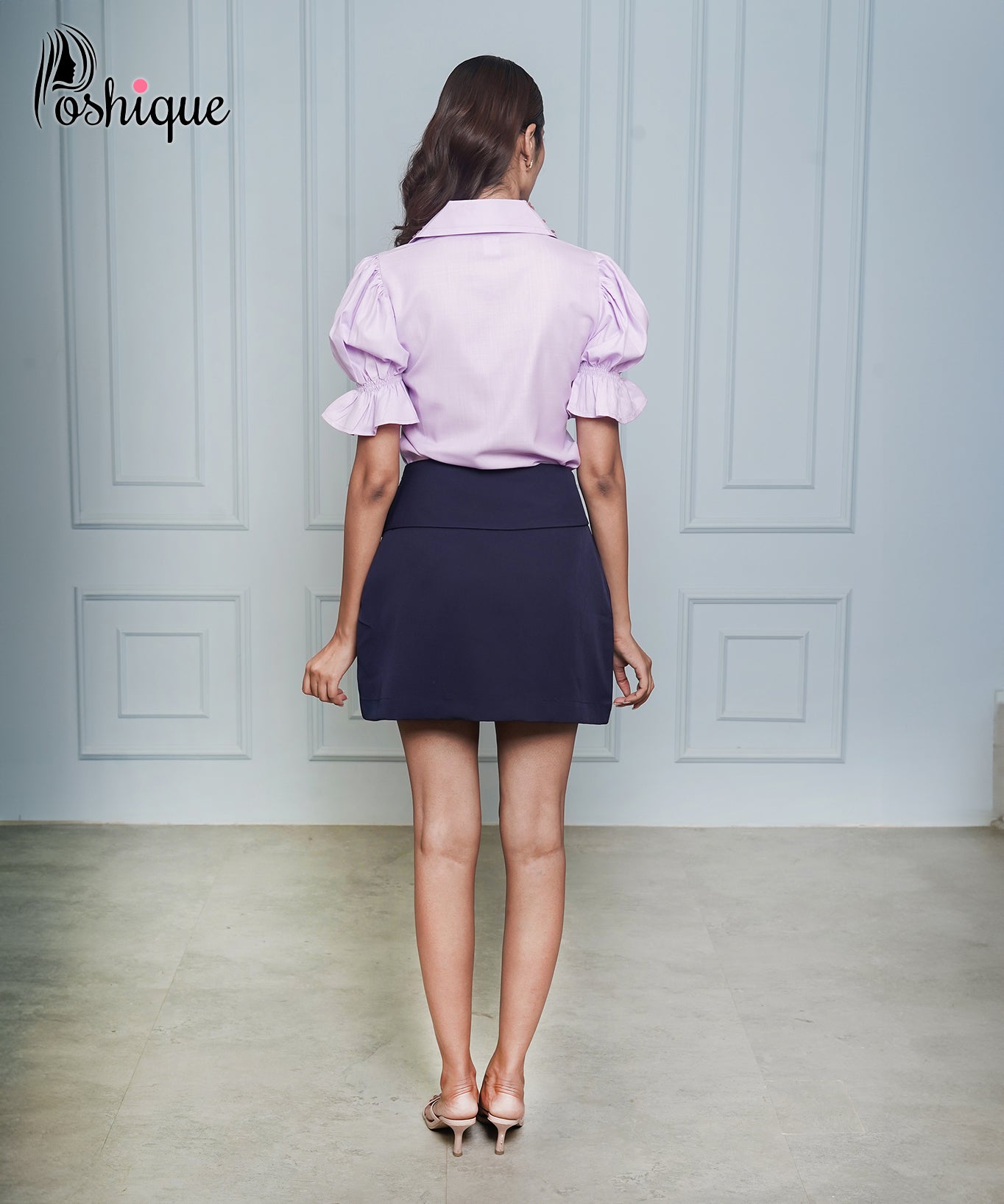 Poshique Embellished Lavender Shirt & Navy Blue Asymmetrical Skirt Set