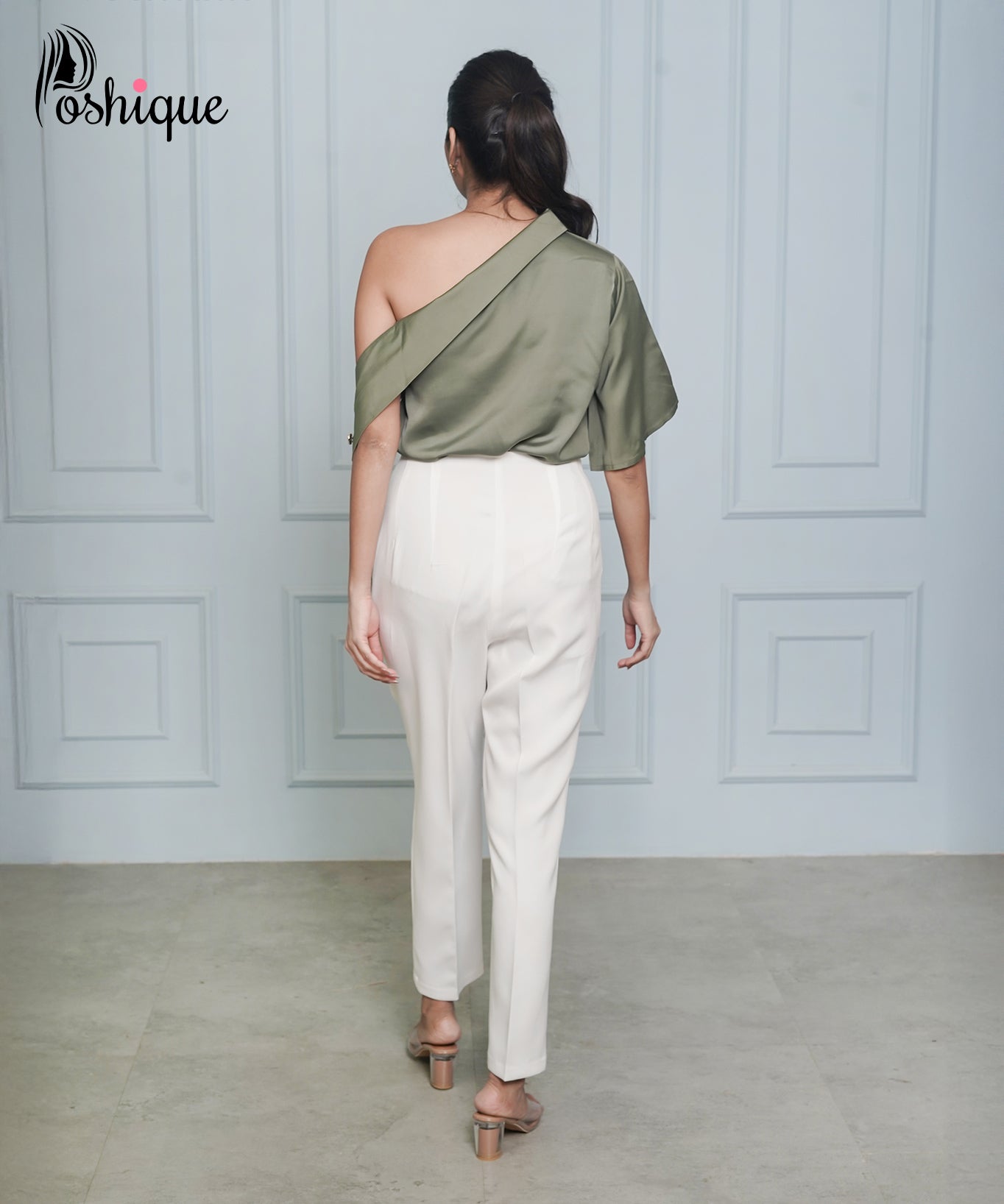 Chic Olive One-Shoulder Shirt and Trouser Set