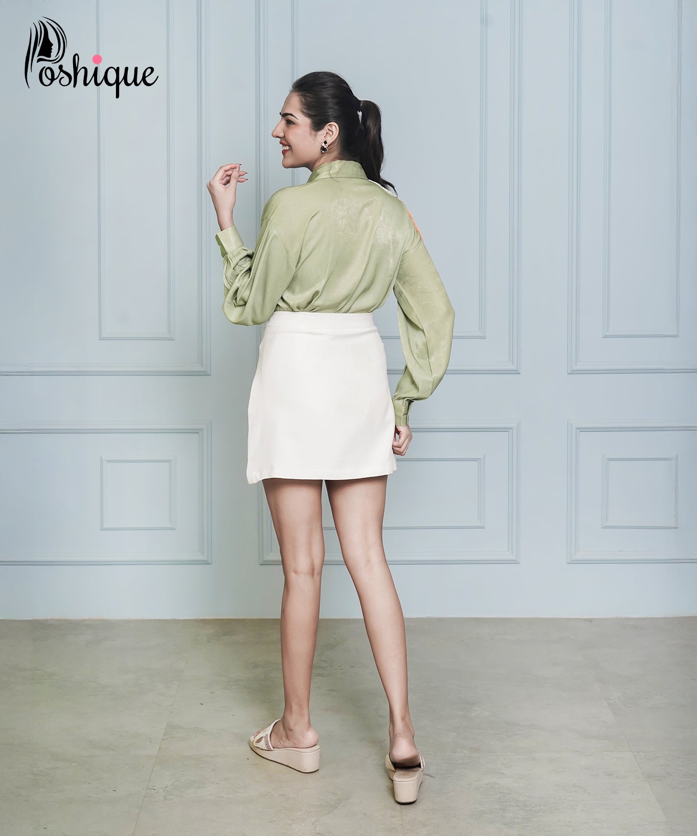 Poshique White High-Waisted Minimalist A-Line Skirt