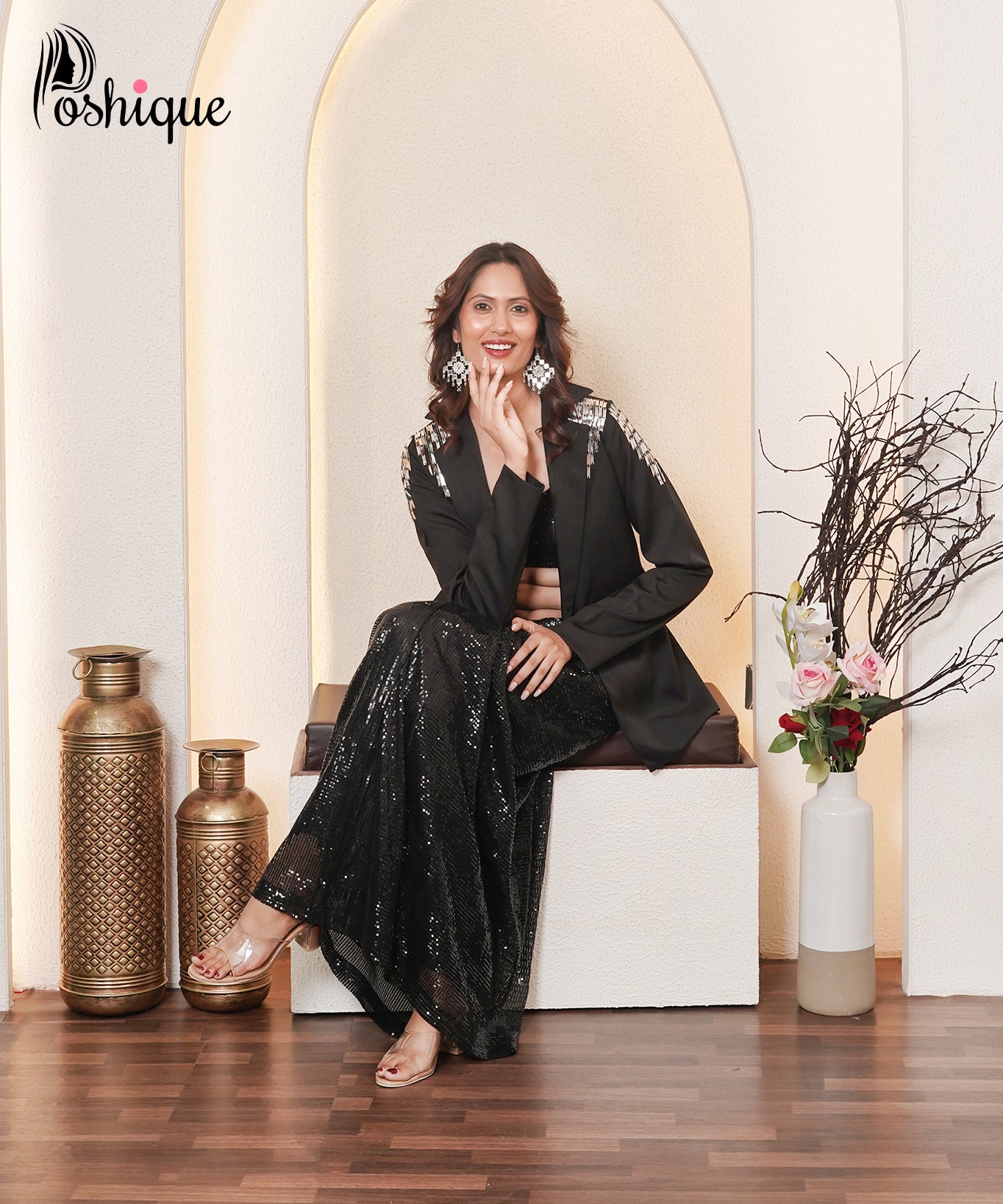 Black Sequin Draped Skirt