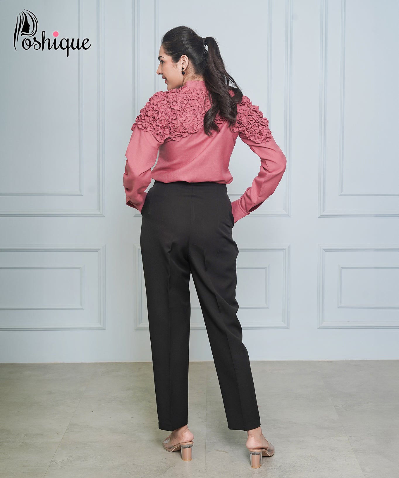 Poshique Black High-Waisted Tapered Trousers