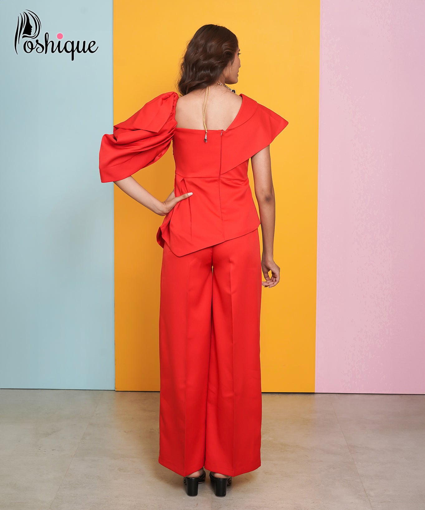 Poshique Asymmetrical Draped Top & Red Straight-Leg Trouser Set