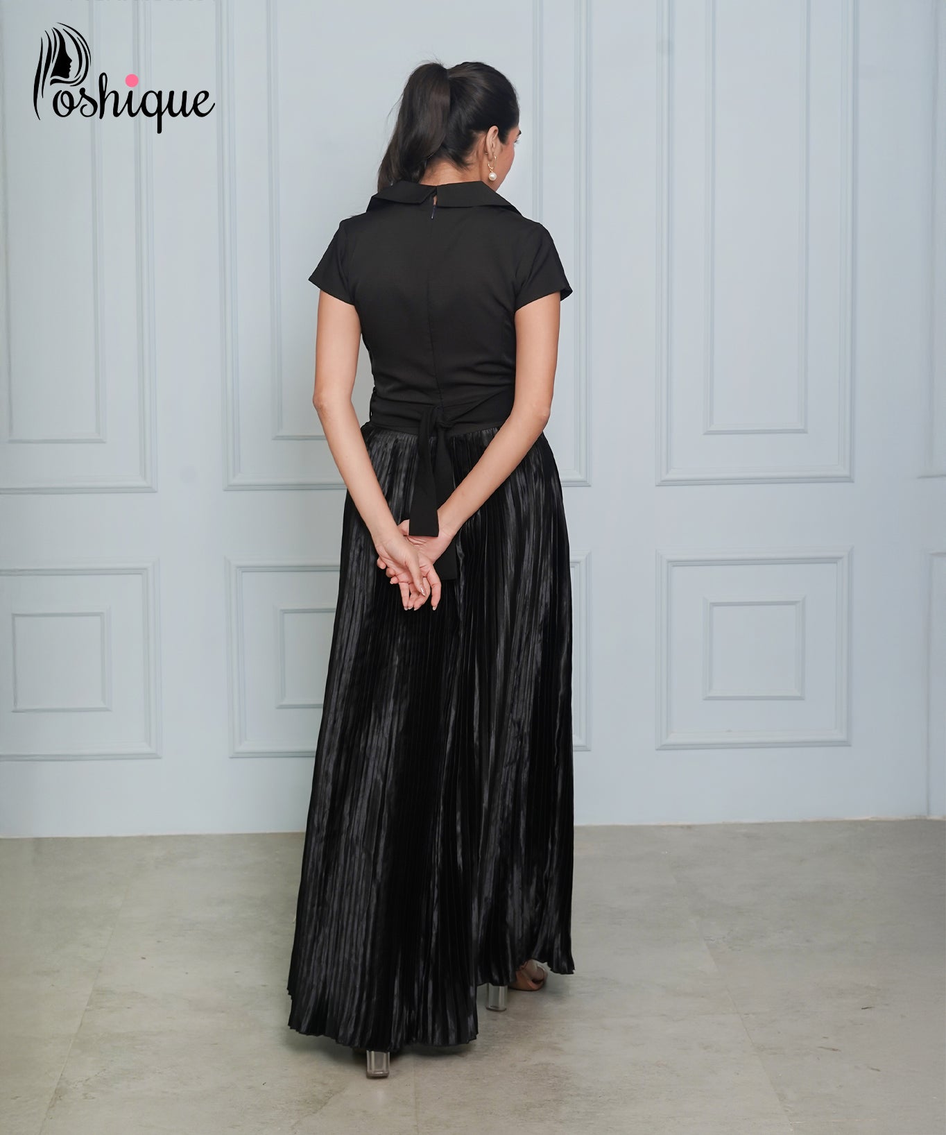 Poshique Black Double-Breasted Pleated Jumpsuit