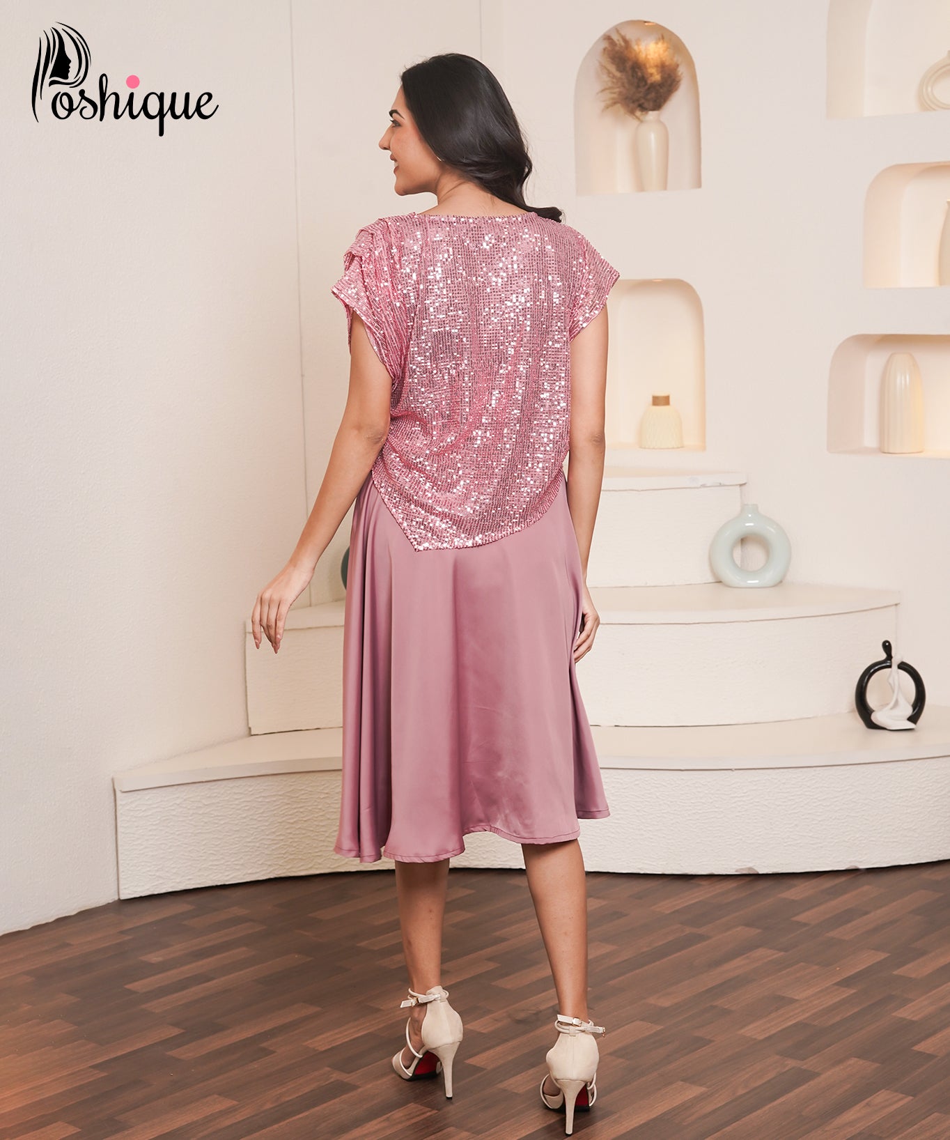 Poshique Rose Sequin Top and Satin Flare Skirt Set