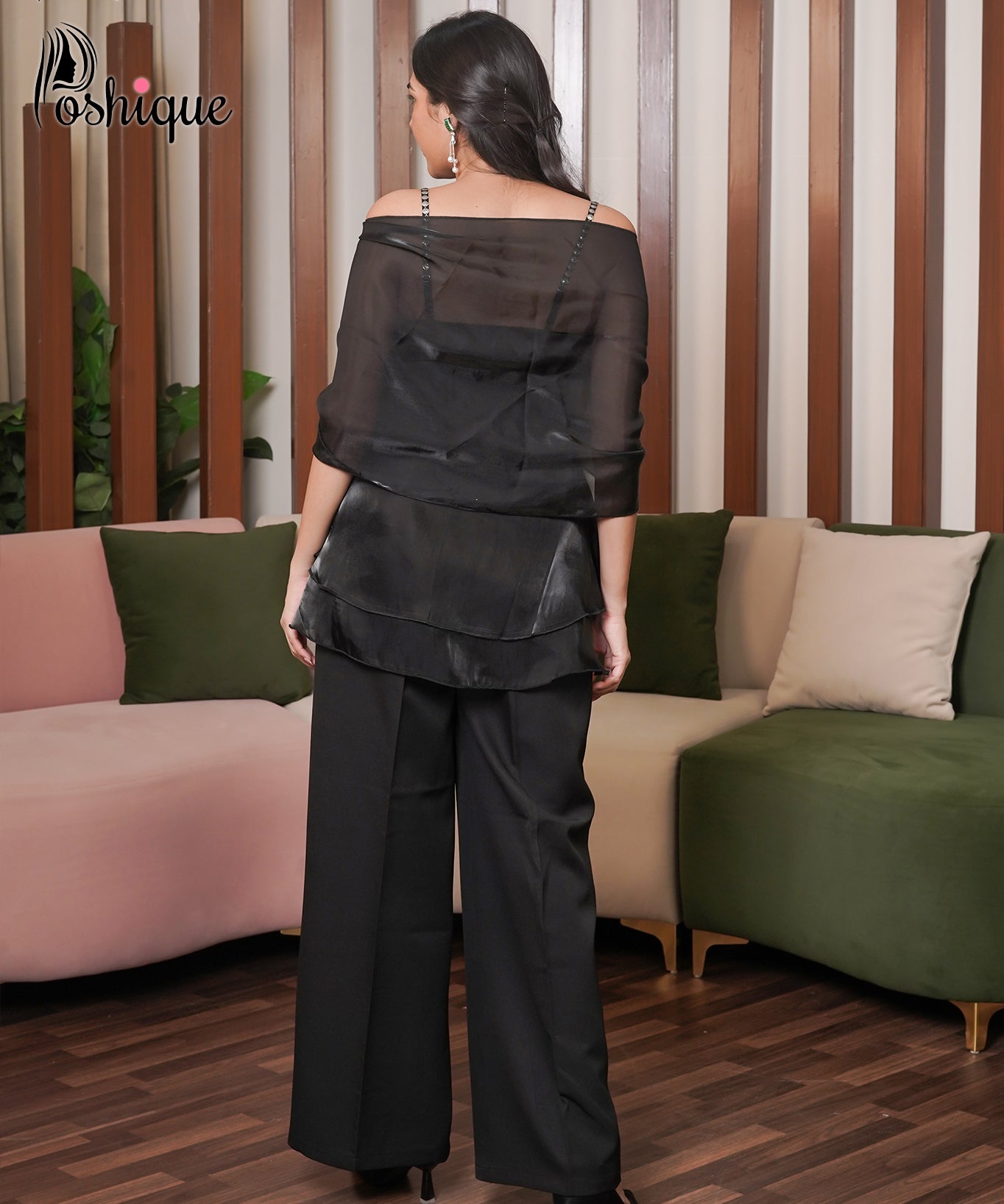 Poshique Black High-Waisted Straight-Leg Trousers