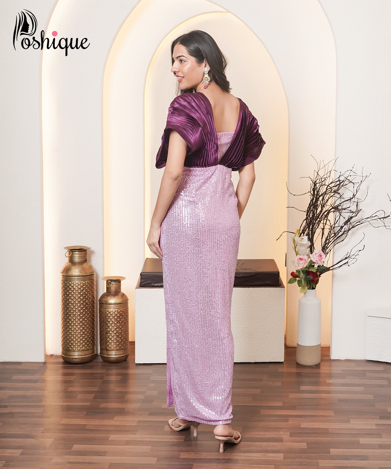 Poshique Plum and Lilac Sequin Drape Gown