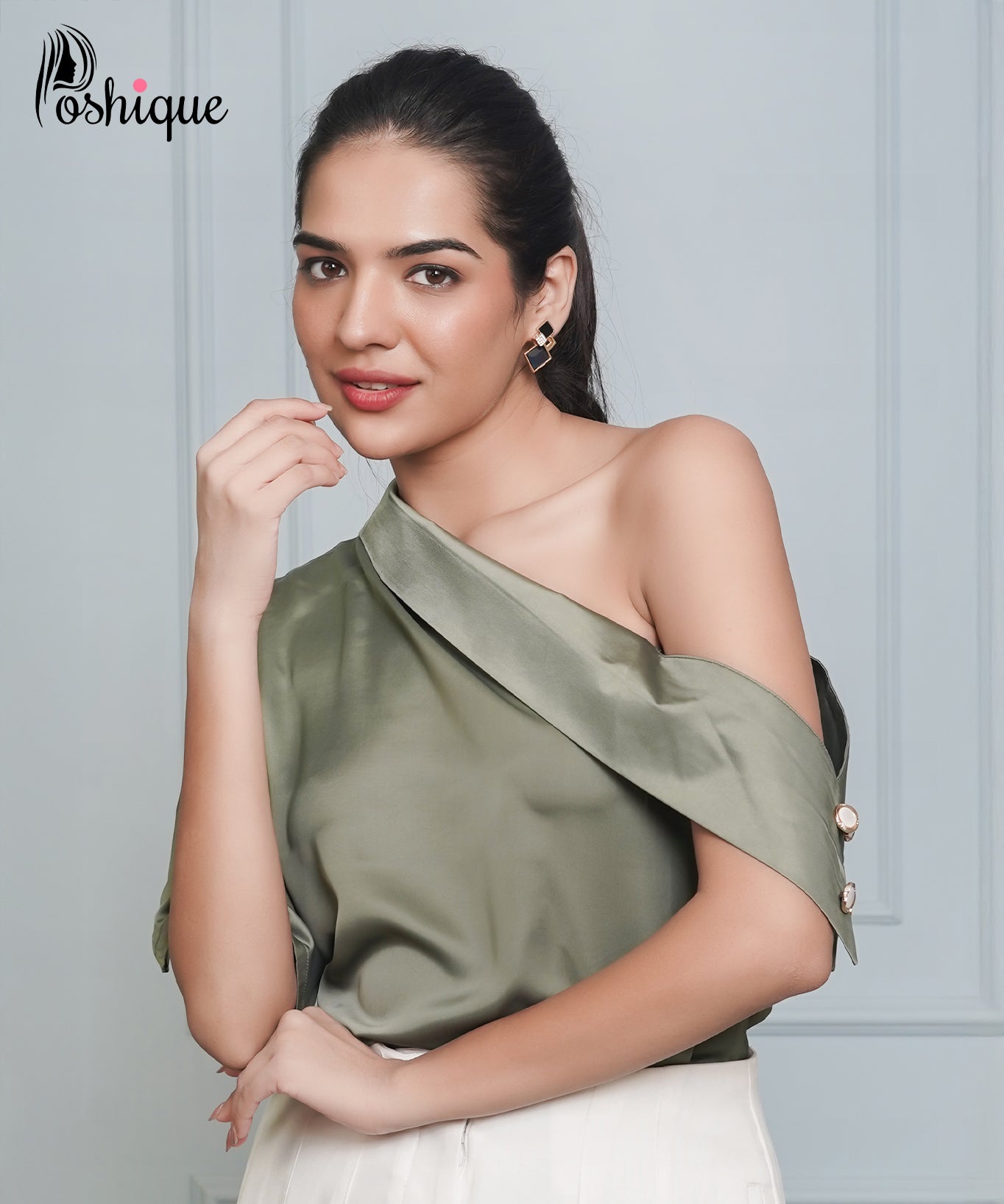 Chic Olive One-Shoulder Shirt and Trouser Set