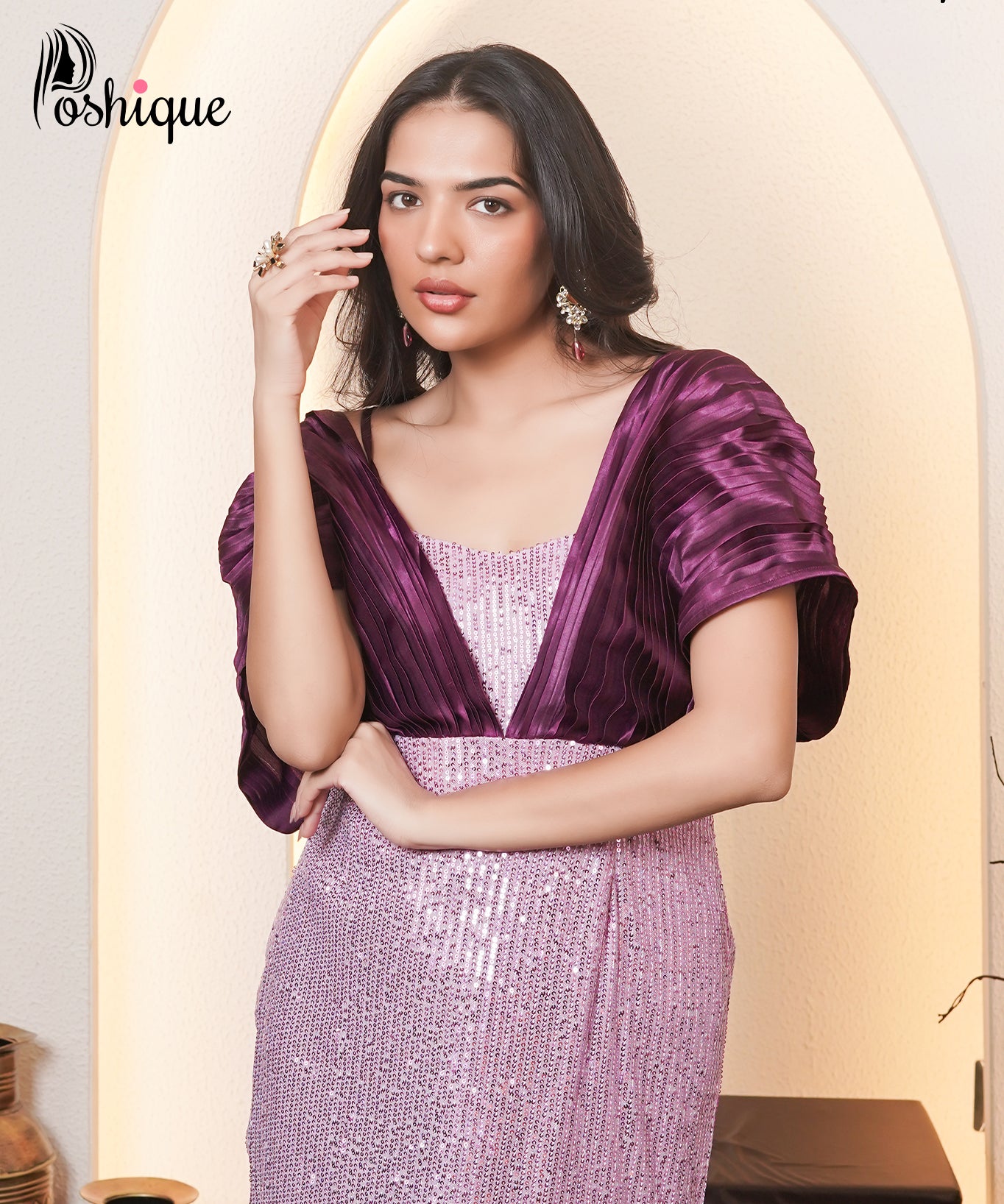 Poshique Plum and Lilac Sequin Drape Gown