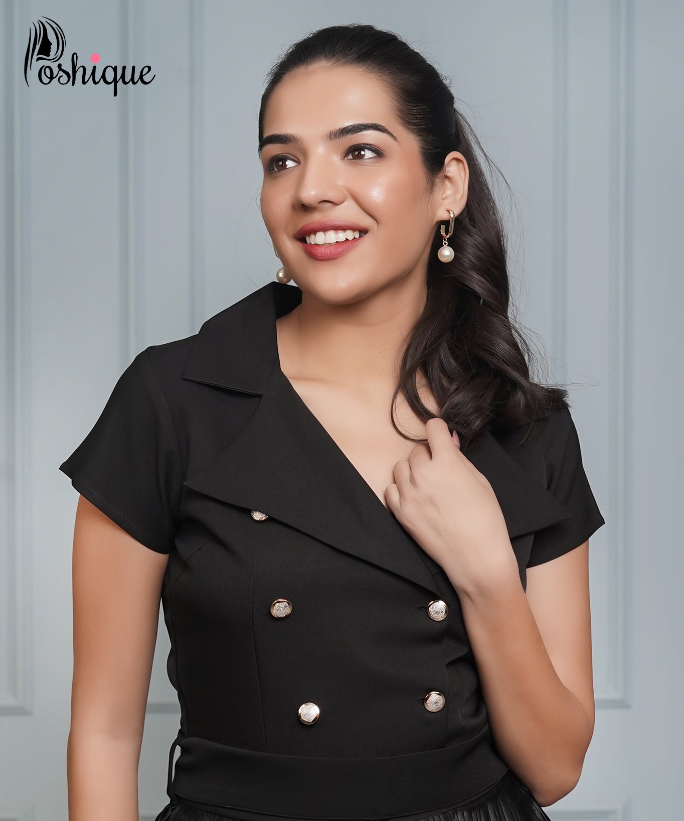 Poshique Black Double-Breasted Pleated Jumpsuit