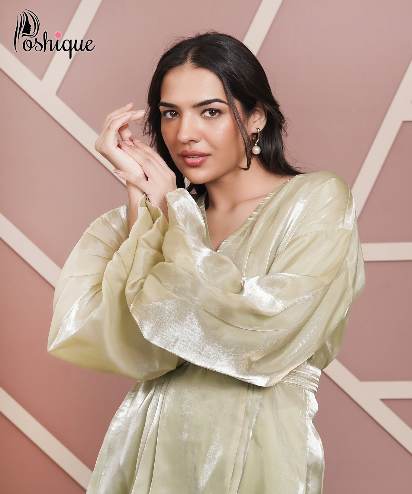 Poshique Metallic Olive Balloon Sleeve Wrap Top