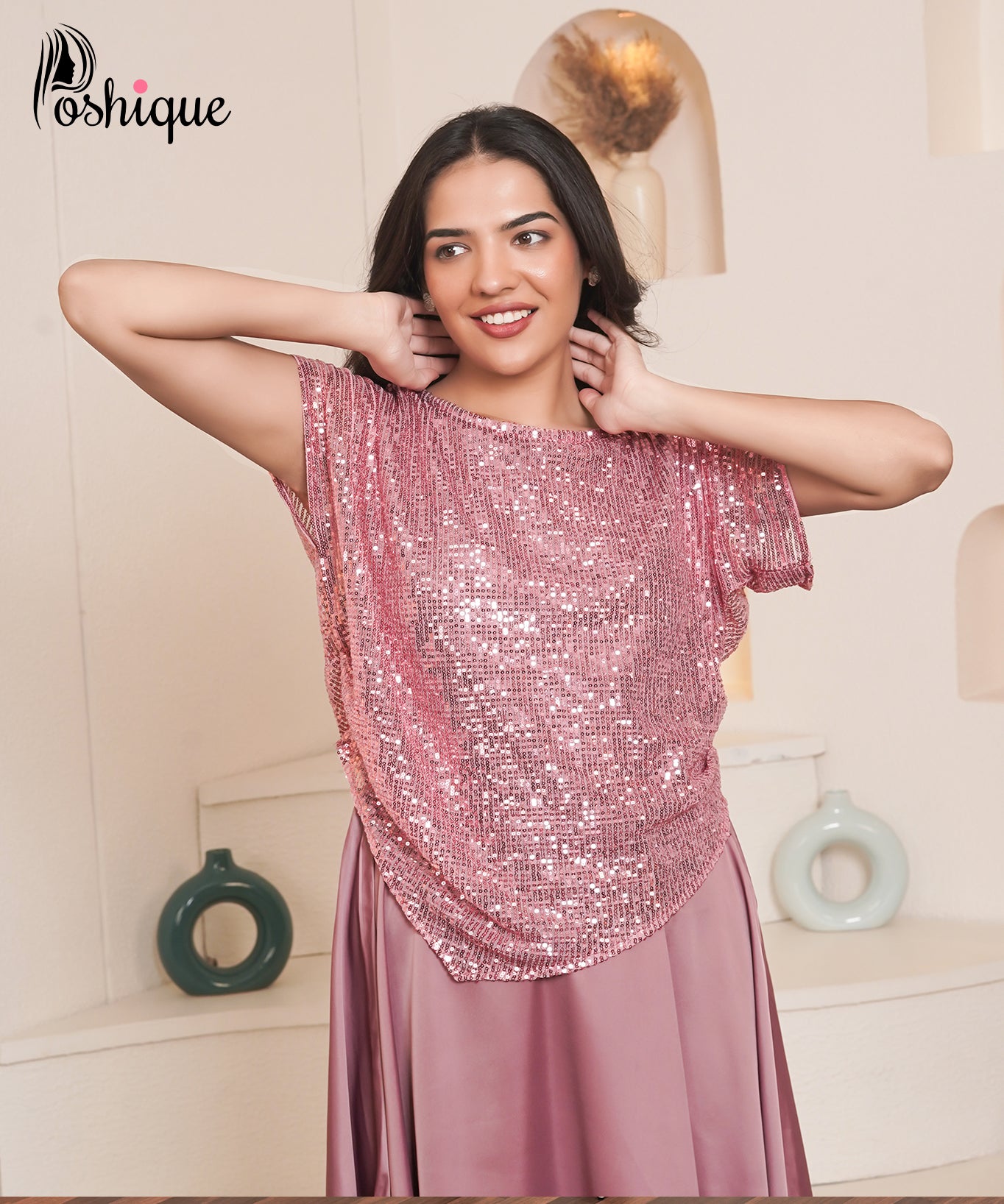Poshique Rose Sequin Top and Satin Flare Skirt Set
