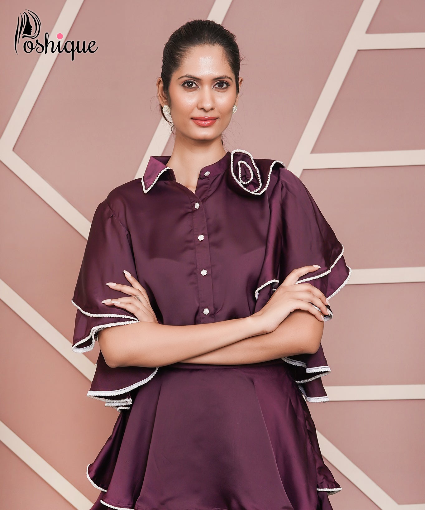 Poshique Wine Satin Layered Ruffle Skirt