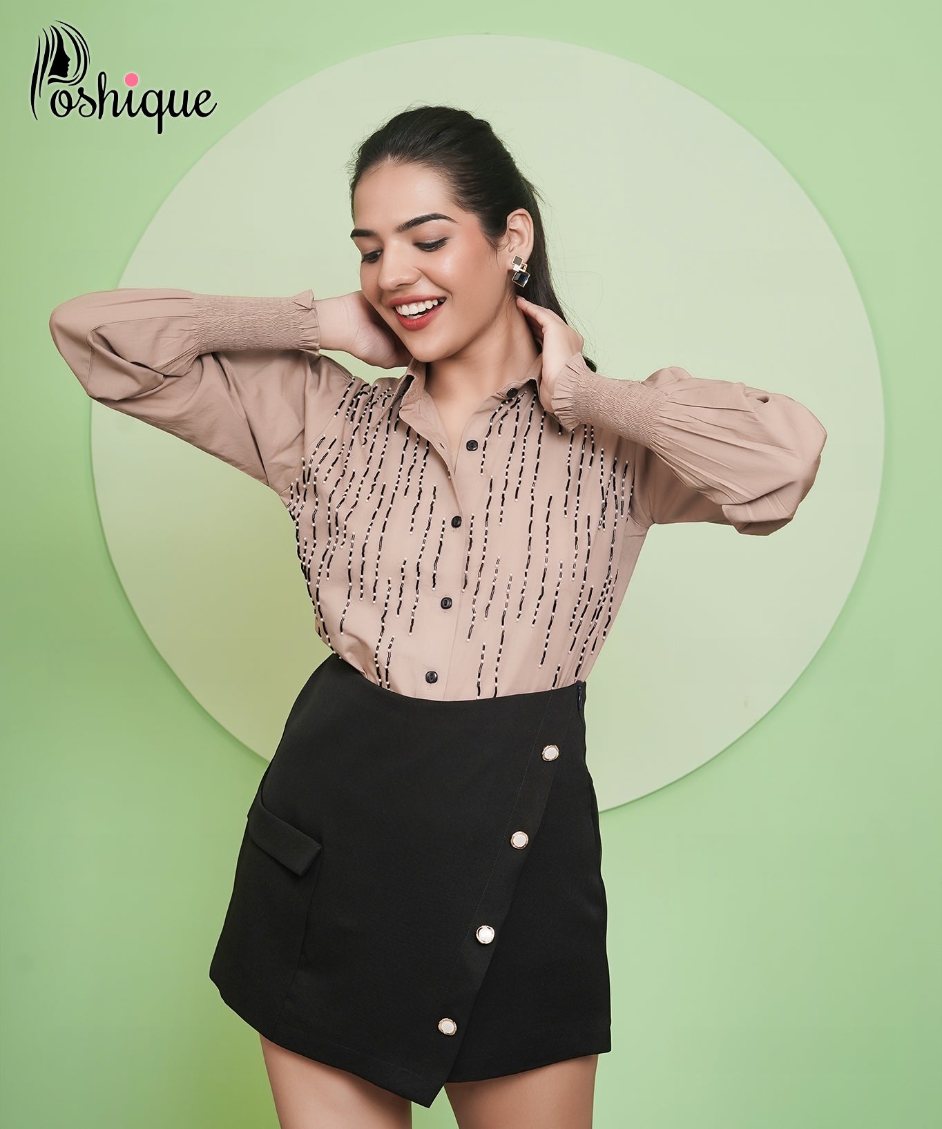 Poshique Black High-Waisted Button Detail Skort